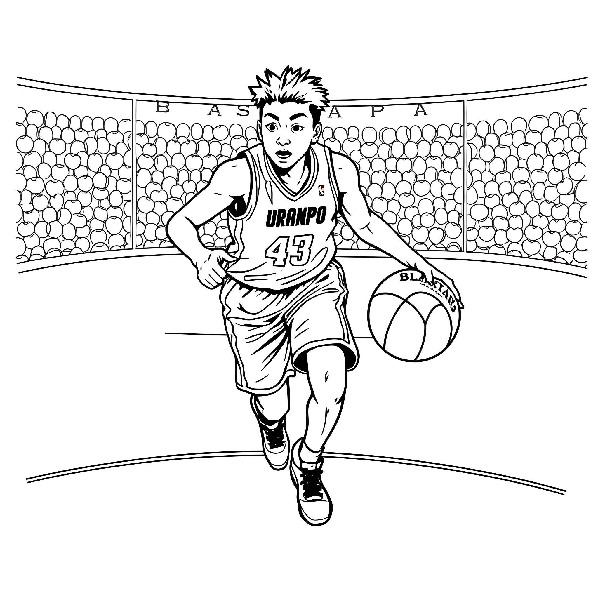 Uraraka Plays Basketball on the Court Coloring Page (free black-and-white line drawing printable PDF for all, from beginners to advanced learners, including children, teens, adults, and seniors)