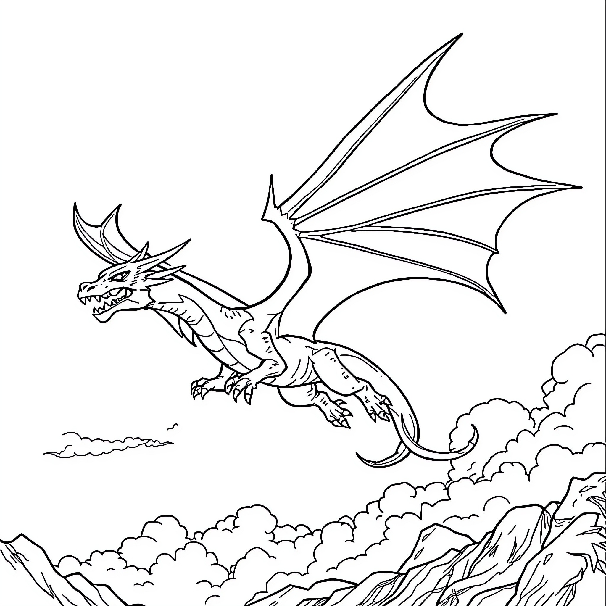 Dragon soaring through the clouds over a mountainous landscape Coloring Page (free black-and-white line drawing printable PDF for all, from beginners to advanced learners, including children, teens, adults, and seniors)