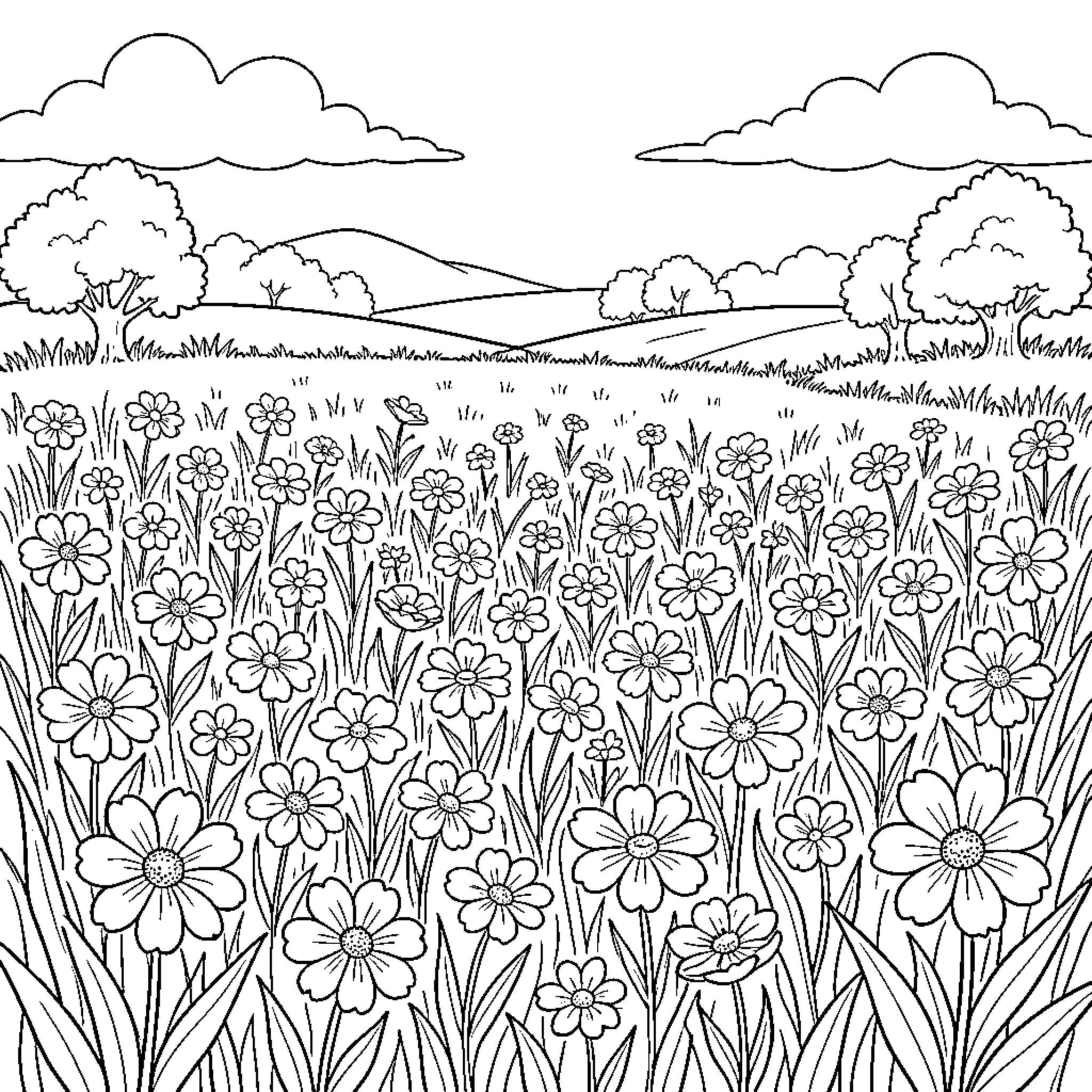 Landscape of a vast meadow filled with blooming flowers Coloring Page (free black-and-white line drawing printable PDF for all, from beginners to advanced learners, including children, teens, adults, and seniors)