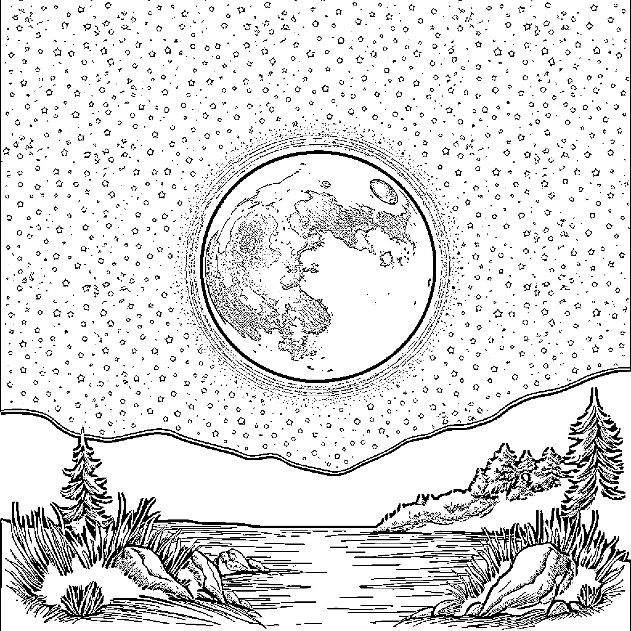 Wednesday Night at the Moonlit Lake Coloring Page (free black-and-white line drawing printable PDF for all, from beginners to advanced learners, including children, teens, adults, and seniors)