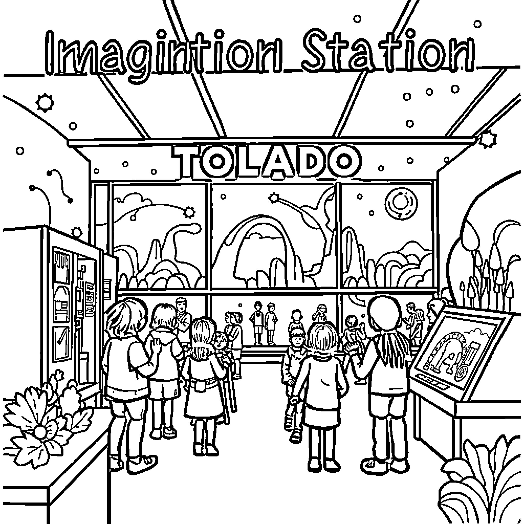 Imagination Station: Visitors at an Interactive Exhibit Coloring Page (free black-and-white line drawing printable PDF for all, from beginners to advanced learners, including children, teens, adults, and seniors)