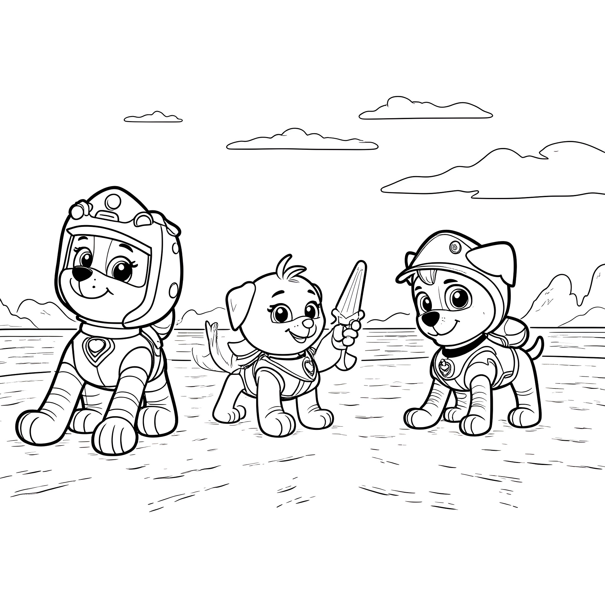 Rescue Bot Friends on Patrol Coloring Page (free black-and-white line drawing printable PDF for all, from beginners to advanced learners, including children, teens, adults, and seniors)