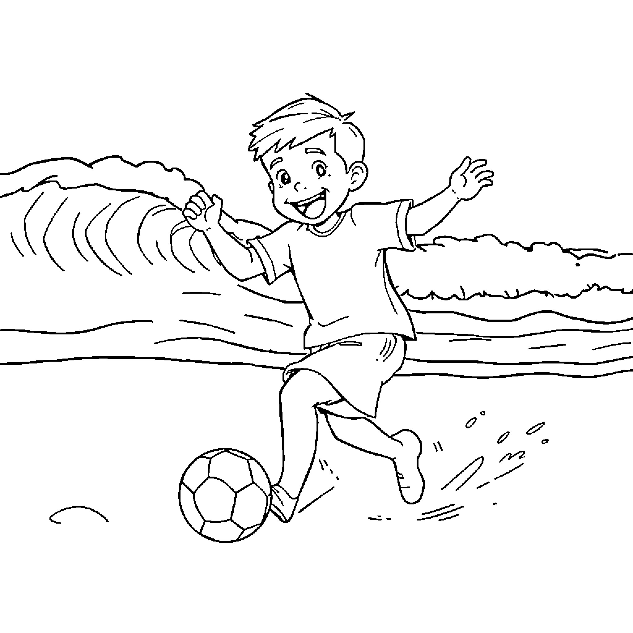 Ruben playing joyfully with soccer ball on the beach Coloring Page (free black-and-white line drawing printable PDF for all, from beginners to advanced learners, including children, teens, adults, and seniors)