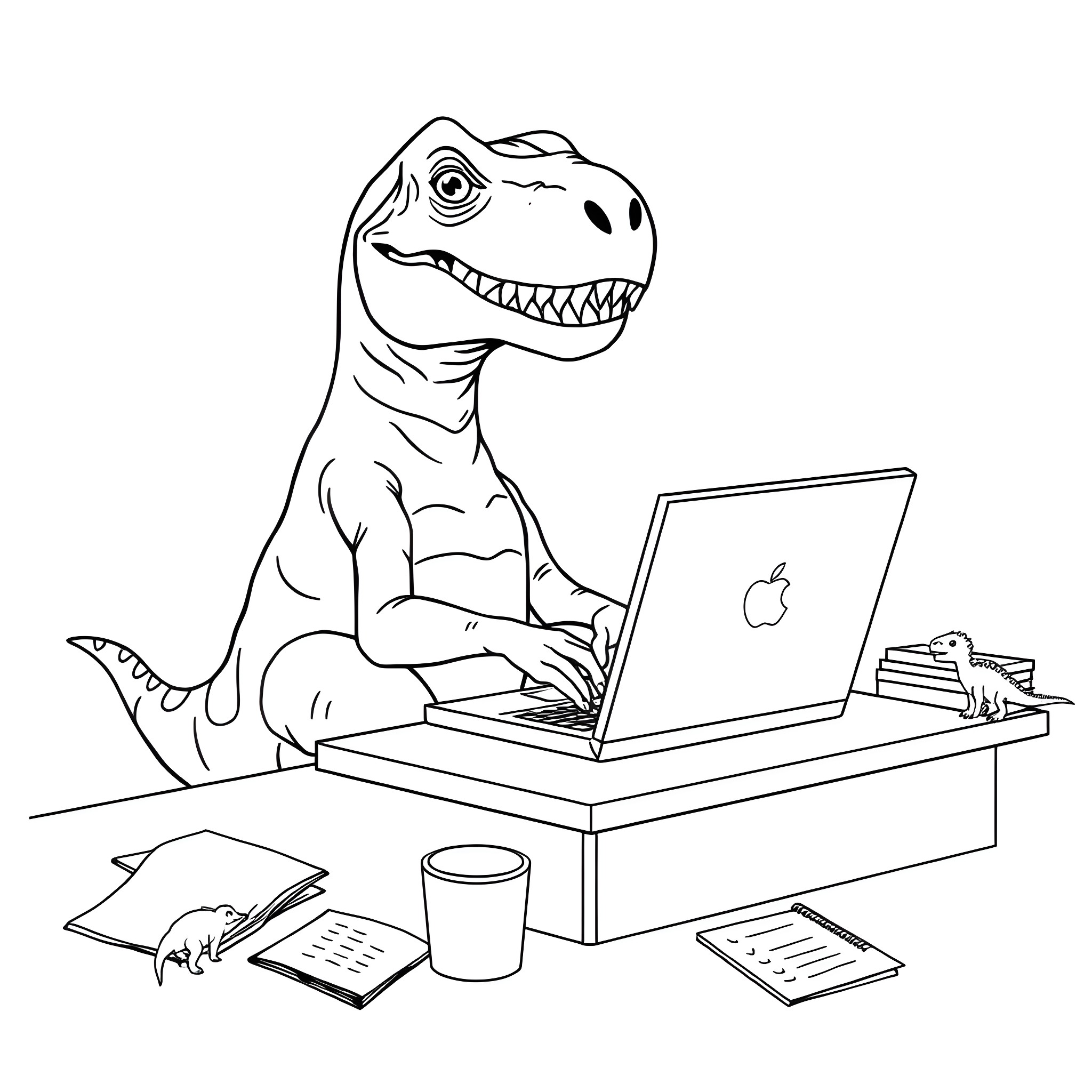 Trex working diligently on laptop computer Coloring Page (free black-and-white line drawing printable PDF for all, from beginners to advanced learners, including children, teens, adults, and seniors)