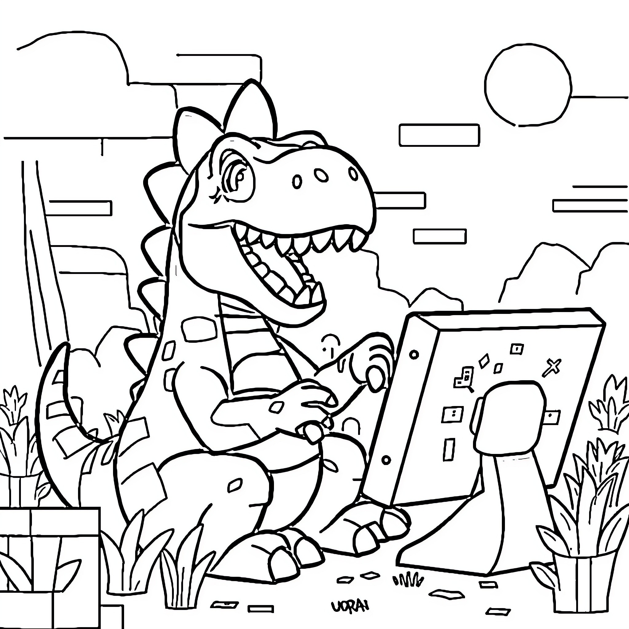 Dinosaur painting a colorful landscape Coloring Page (free black-and-white line drawing printable PDF for all, from beginners to advanced learners, including children, teens, adults, and seniors)