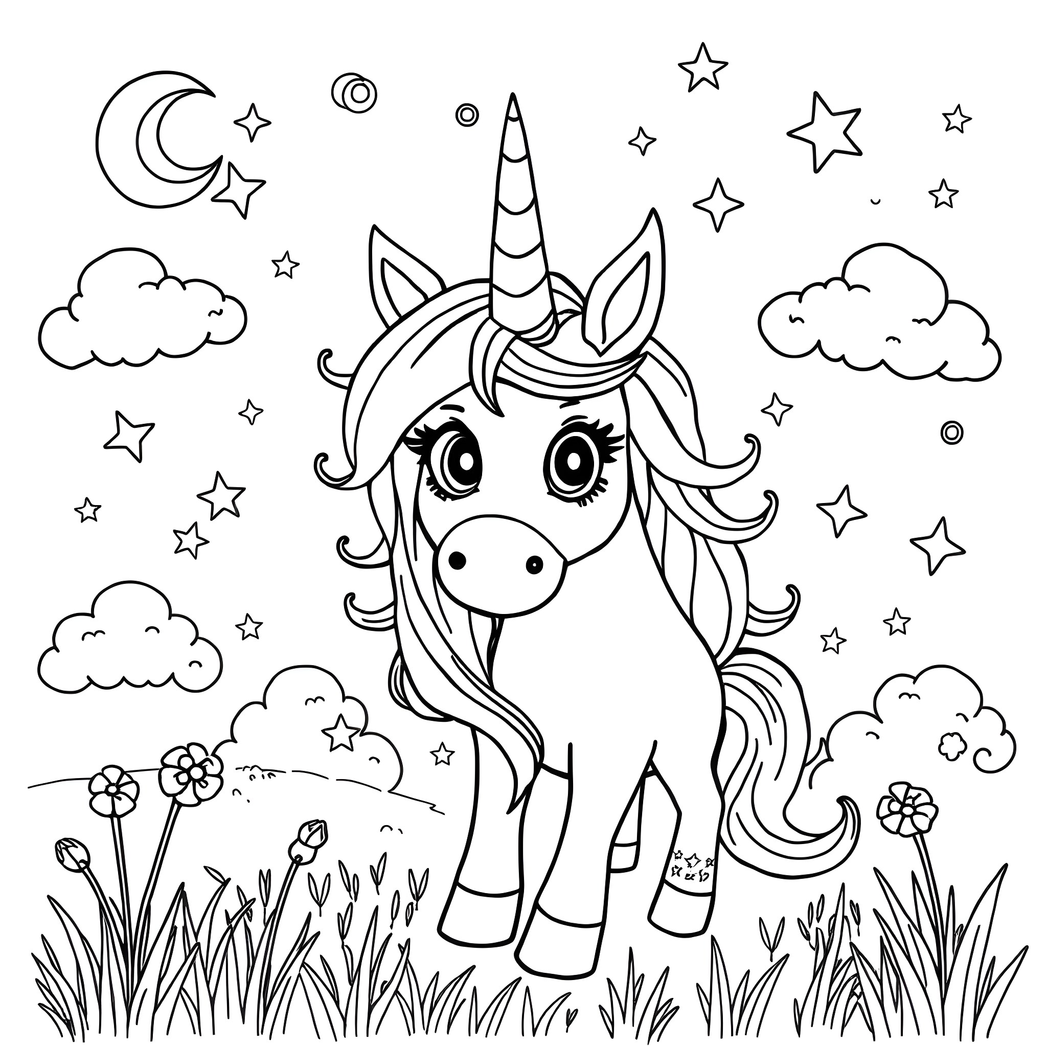 Unicorn gazing at the starry night sky Coloring Page (free black-and-white line drawing printable PDF for all, from beginners to advanced learners, including children, teens, adults, and seniors)