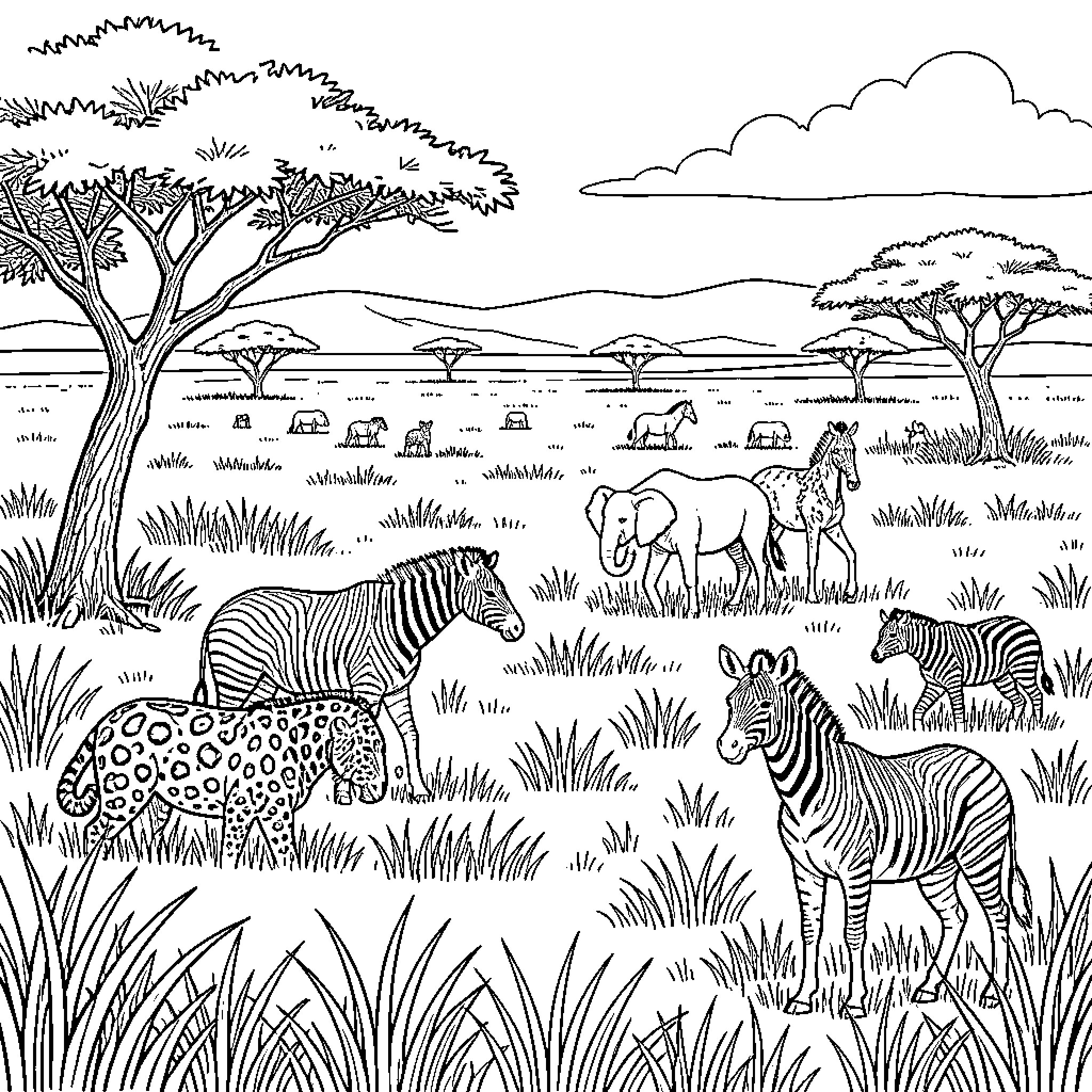 Animal Herd Grazing in the Savanna Landscape Coloring Page (free black-and-white line drawing printable PDF for all, from beginners to advanced learners, including children, teens, adults, and seniors)