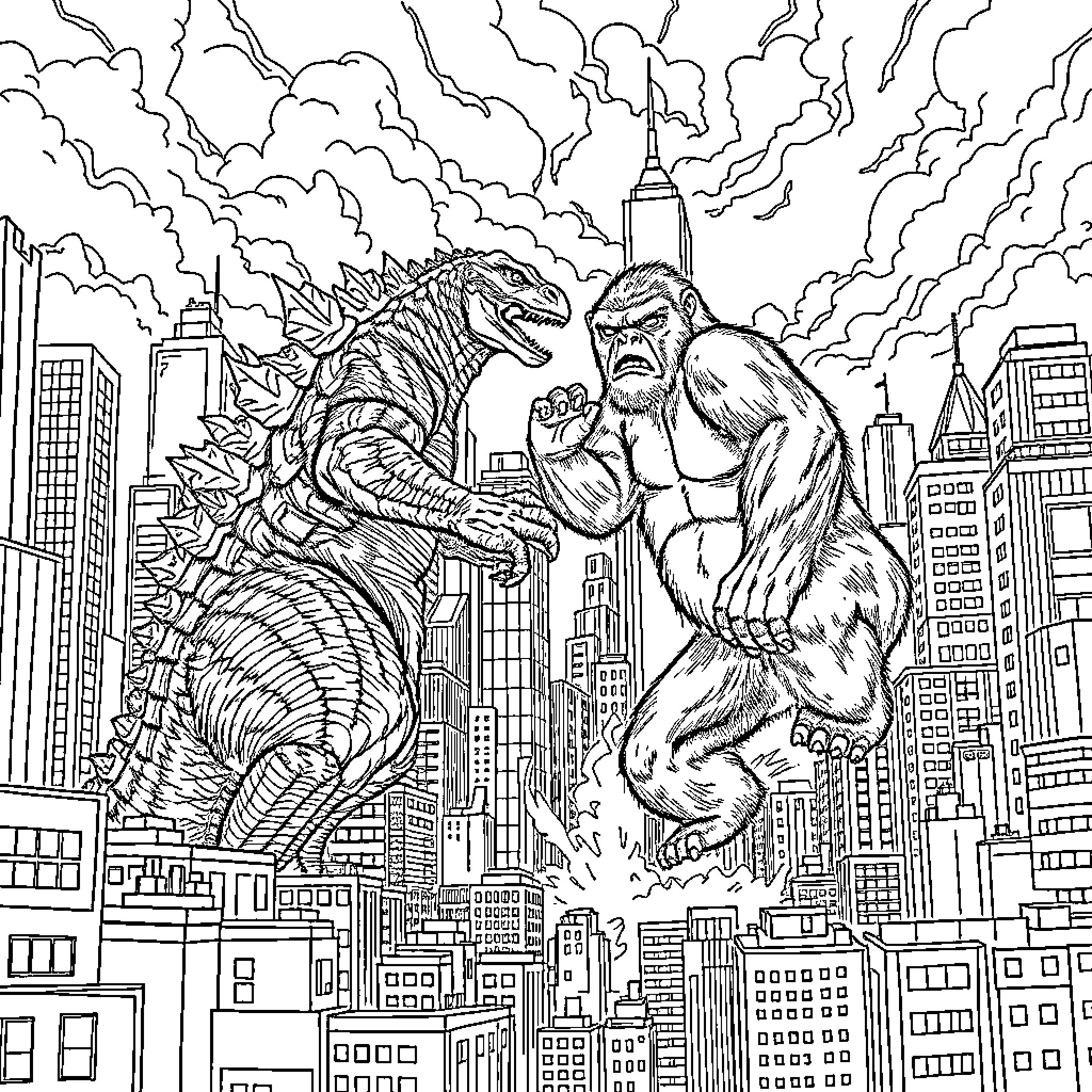 Godzilla and King Kong battle over the city Coloring Page (free black-and-white line drawing printable PDF for all, from beginners to advanced learners, including children, teens, adults, and seniors)