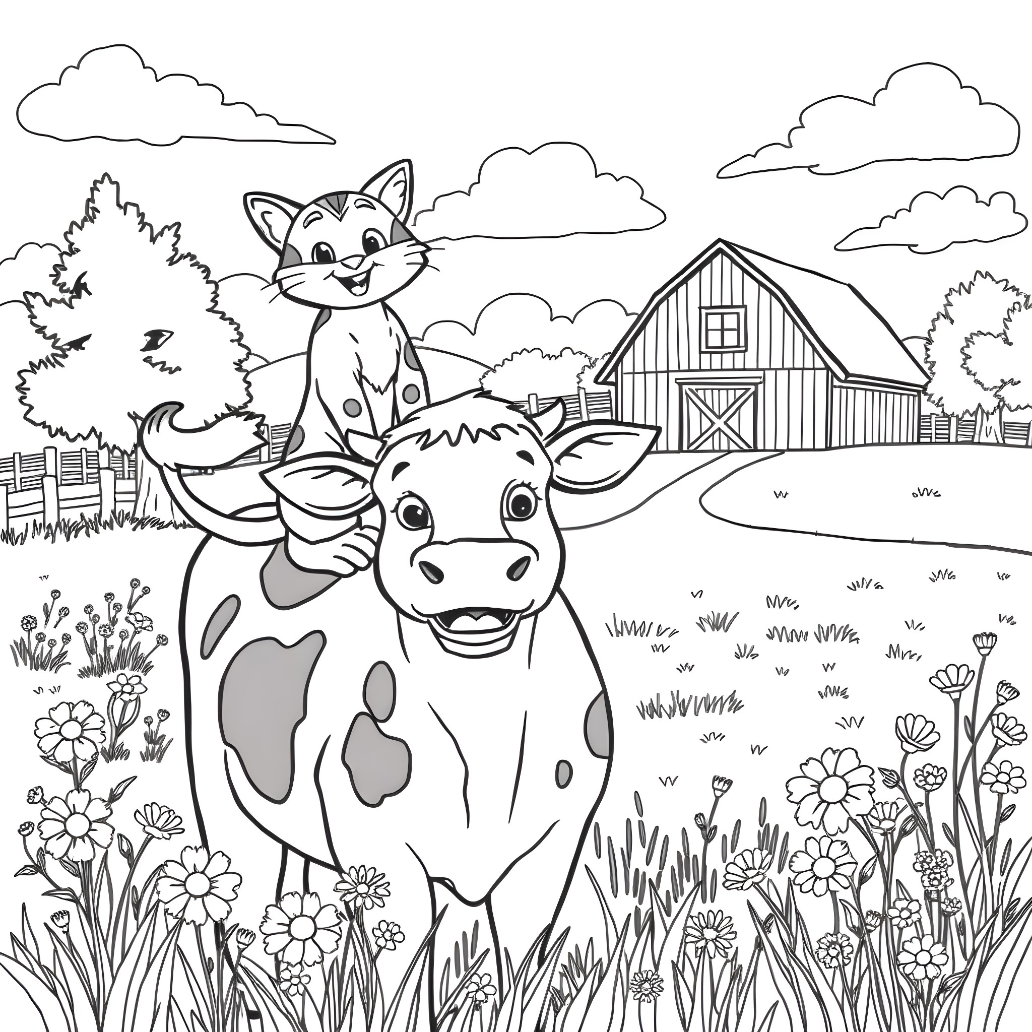 Wildcat and Cow Enjoying the Countryside Coloring Page (free black-and-white line drawing printable PDF for all, from beginners to advanced learners, including children, teens, adults, and seniors)