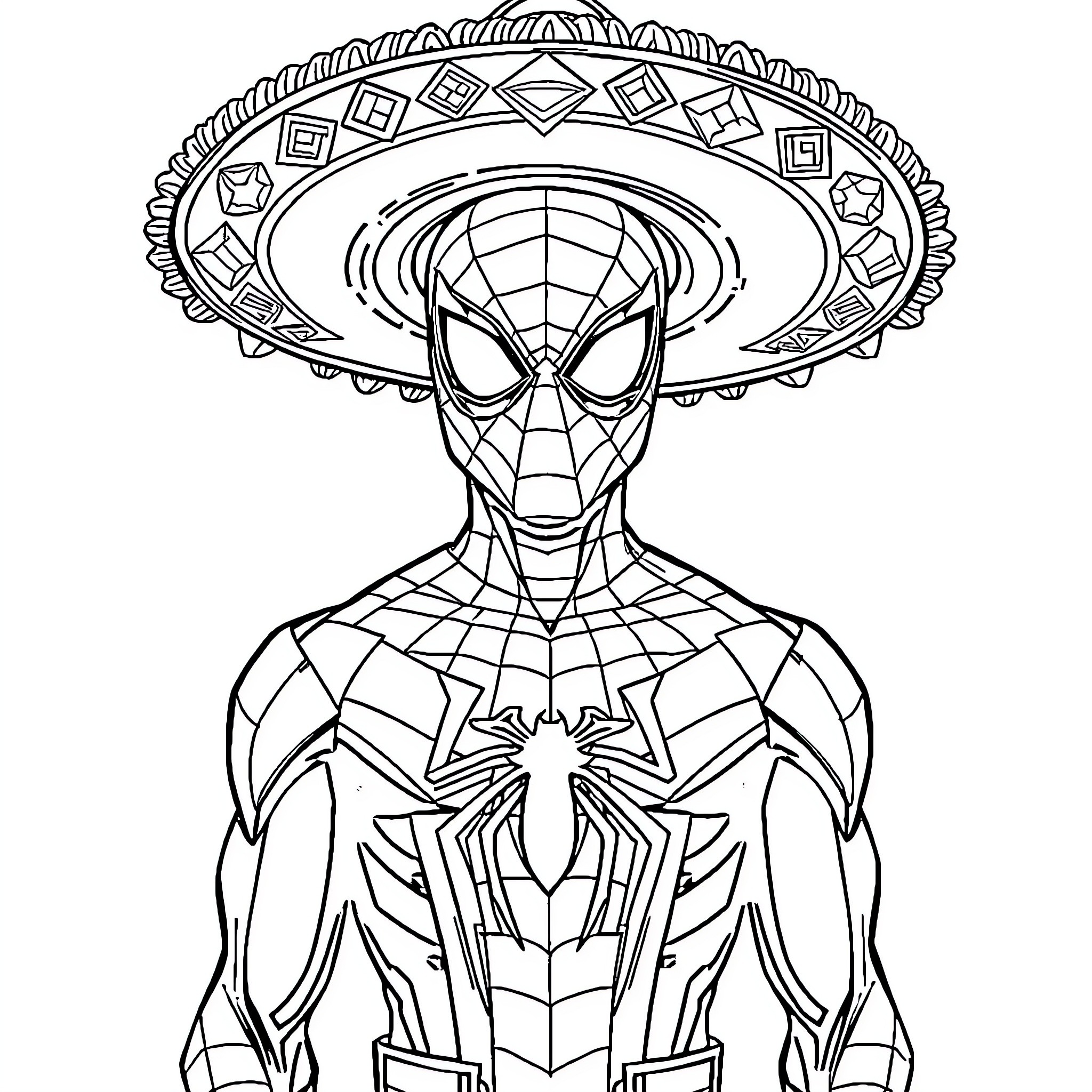 Spiderman in Ornate Geometric Costume Coloring Page (free black-and-white line drawing printable PDF for all, from beginners to advanced learners, including children, teens, adults, and seniors)