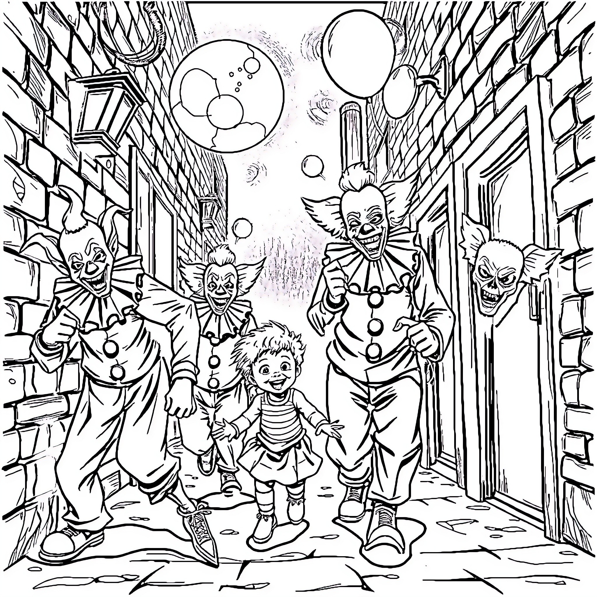 Clowns parading in a spooky alleyway Coloring Page (free black-and-white line drawing printable PDF for all, from beginners to advanced learners, including children, teens, adults, and seniors)