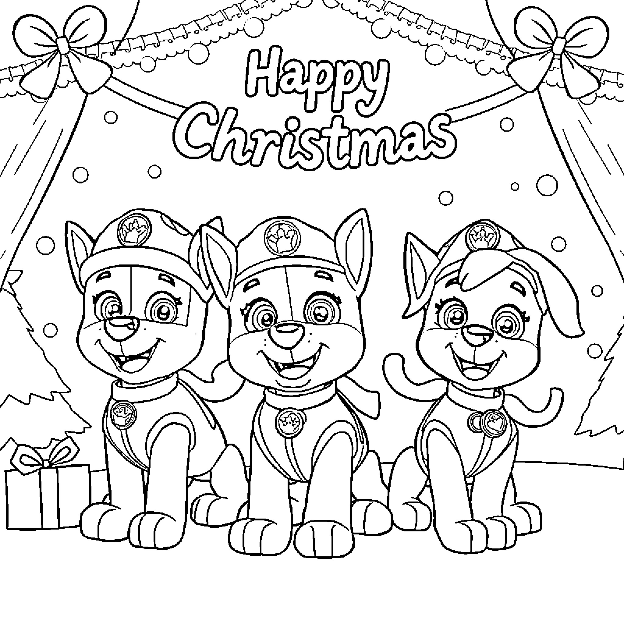 Paw Patrol Christmas Celebration Coloring Page (free black-and-white line drawing printable PDF for all, from beginners to advanced learners, including children, teens, adults, and seniors)