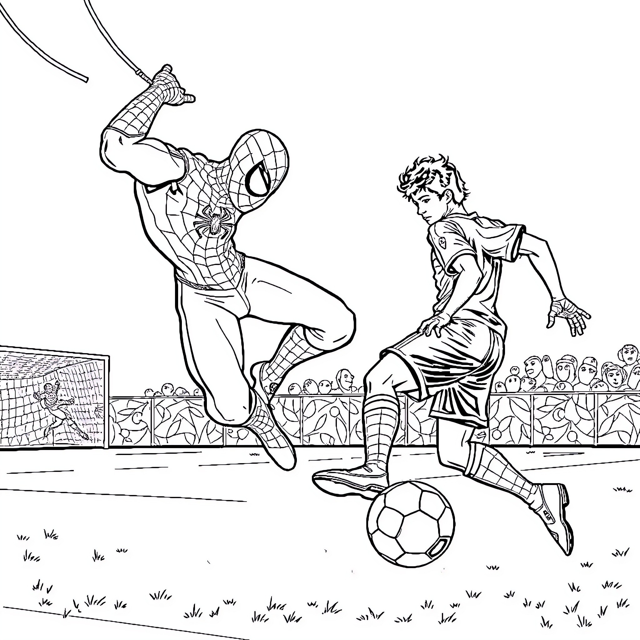 Spidey superhero battles soccer player on field Coloring Page (free black-and-white line drawing printable PDF for all, from beginners to advanced learners, including children, teens, adults, and seniors)