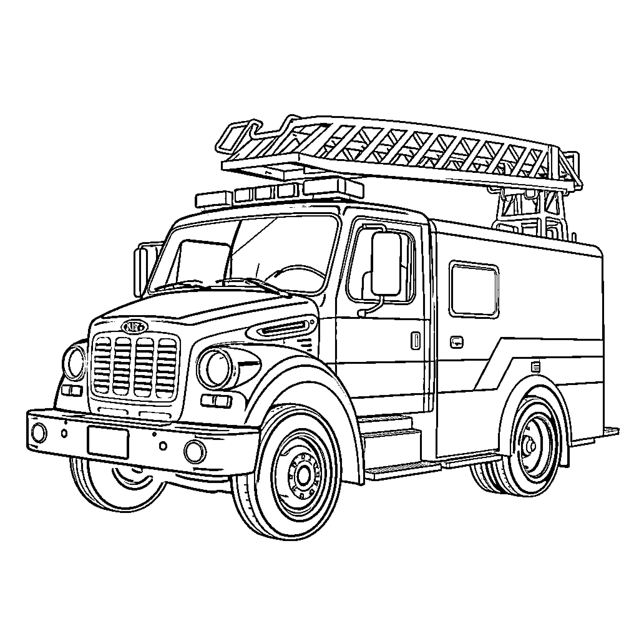 Firetruck responding to emergency call Coloring Page (free black-and-white line drawing printable PDF for all, from beginners to advanced learners, including children, teens, adults, and seniors)