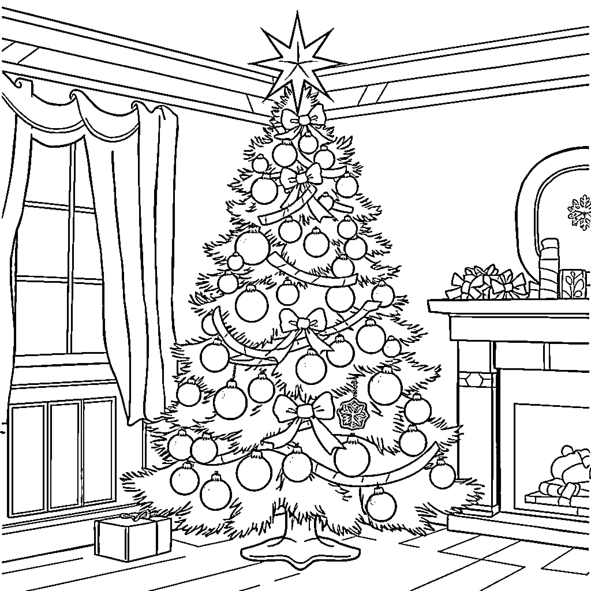 Christmas Tree in a Festive Living Room Coloring Page (free black-and-white line drawing printable PDF for all, from beginners to advanced learners, including children, teens, adults, and seniors)