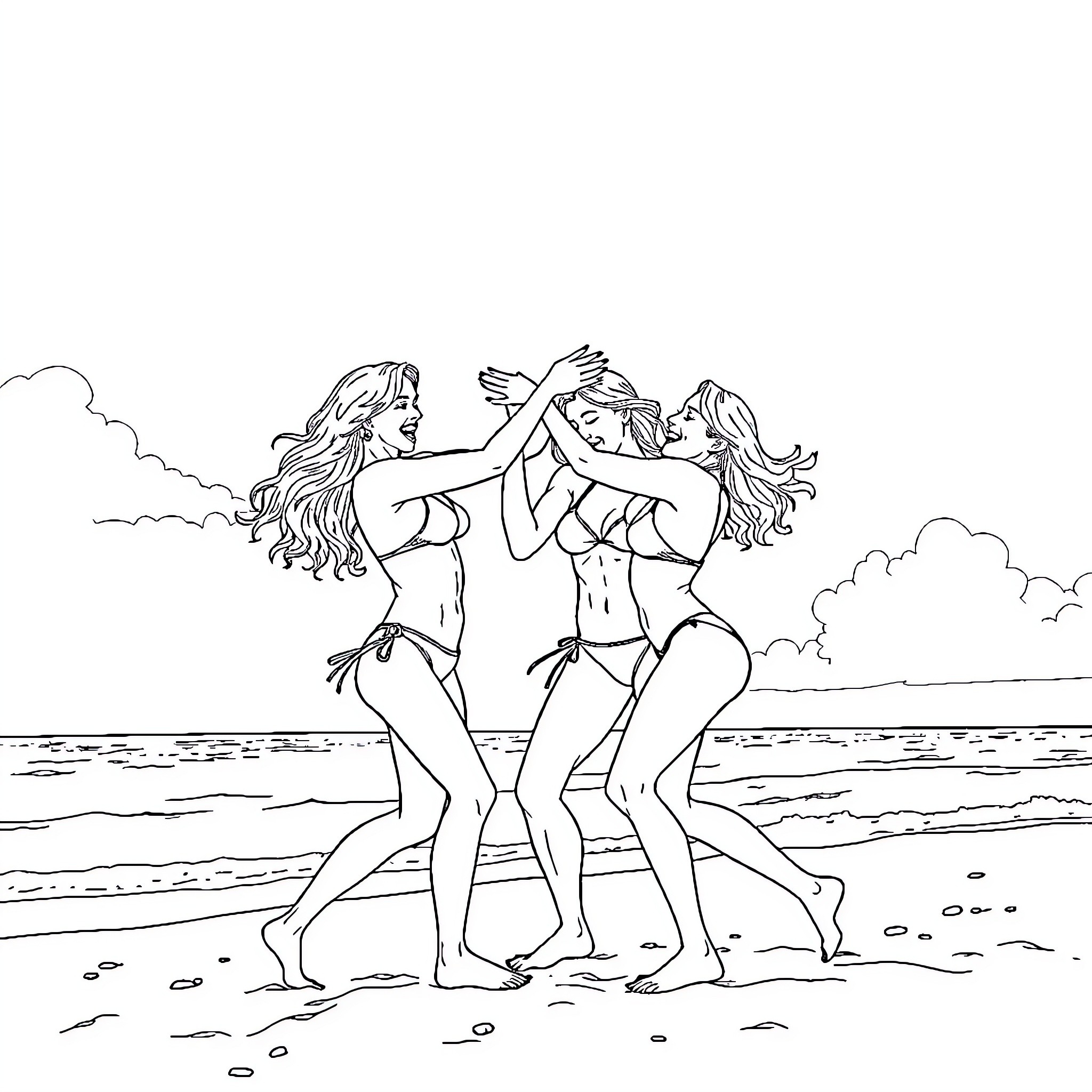 Bikini-clad friends enjoying the beach together Coloring Page (free black-and-white line drawing printable PDF for all, from beginners to advanced learners, including children, teens, adults, and seniors)