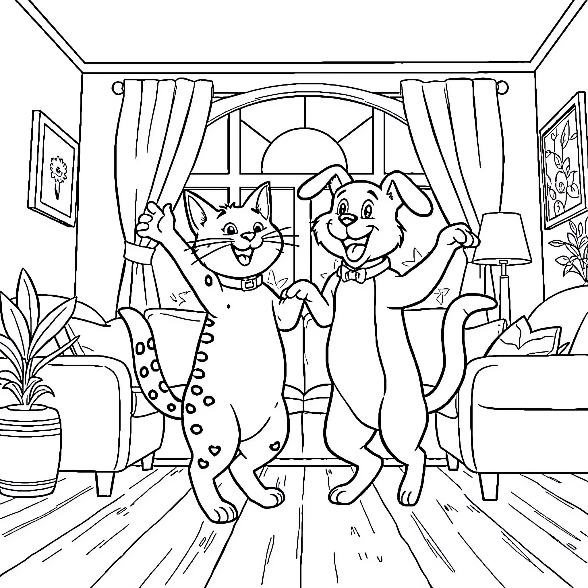Cats Playing in the Living Room Coloring Page (free black-and-white line drawing printable PDF for all, from beginners to advanced learners, including children, teens, adults, and seniors)
