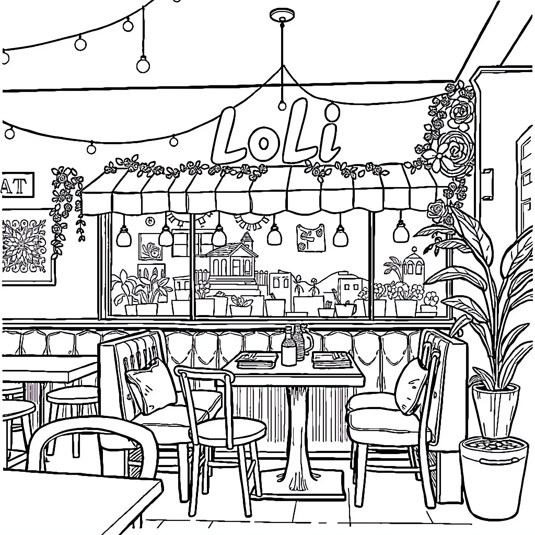 Restaurant with lively decor and outdoor seating Coloring Page (free black-and-white line drawing printable PDF for all, from beginners to advanced learners, including children, teens, adults, and seniors)