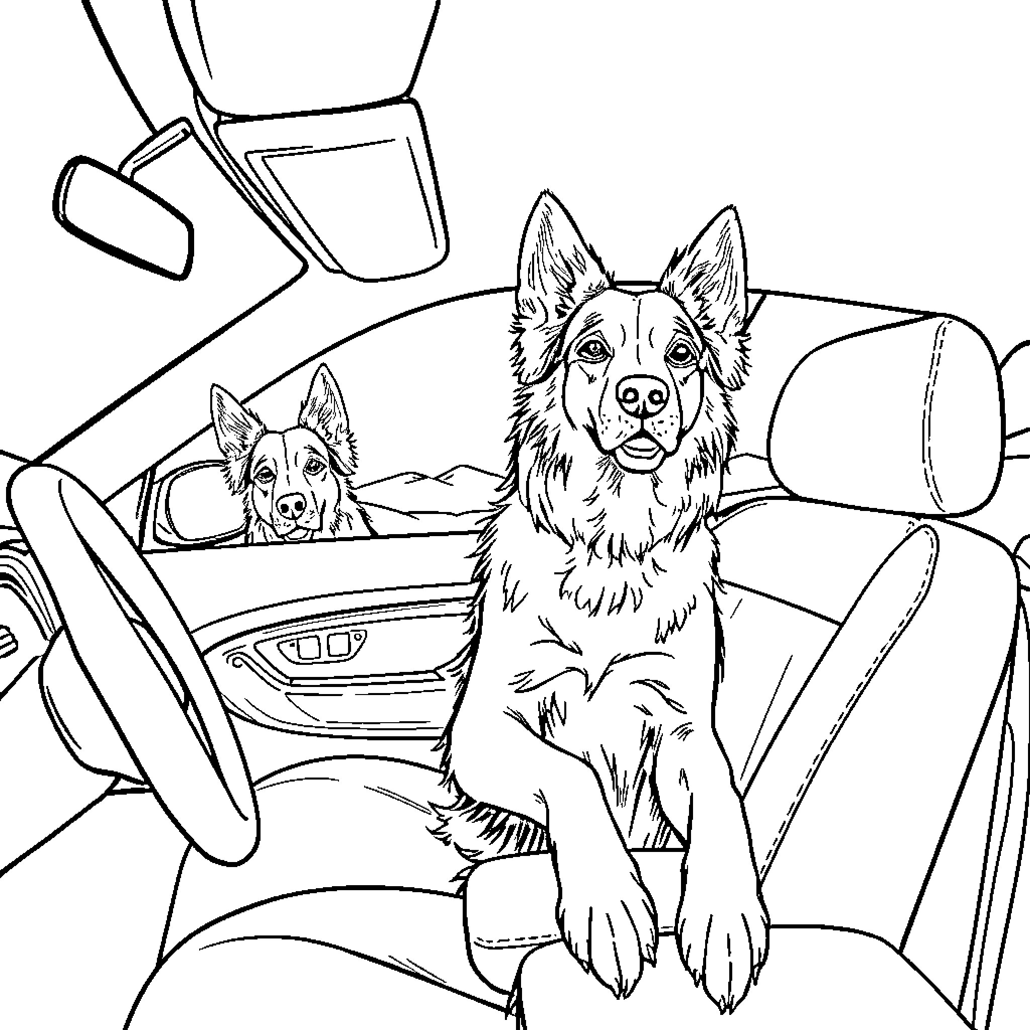 Dogs enjoying a car ride together Coloring Page (free black-and-white line drawing printable PDF for all, from beginners to advanced learners, including children, teens, adults, and seniors)