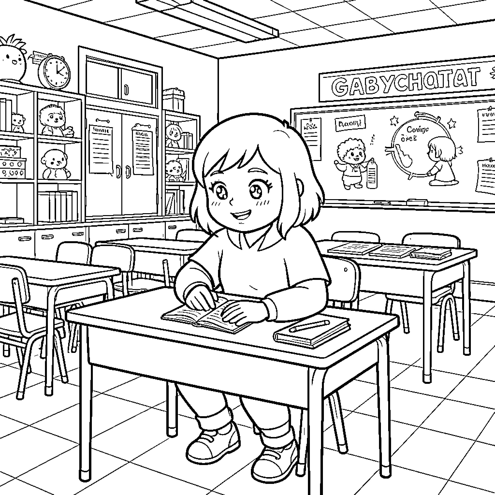 Gabychat student sitting at a desk in classroom Coloring Page (free black-and-white line drawing printable PDF for all, from beginners to advanced learners, including children, teens, adults, and seniors)