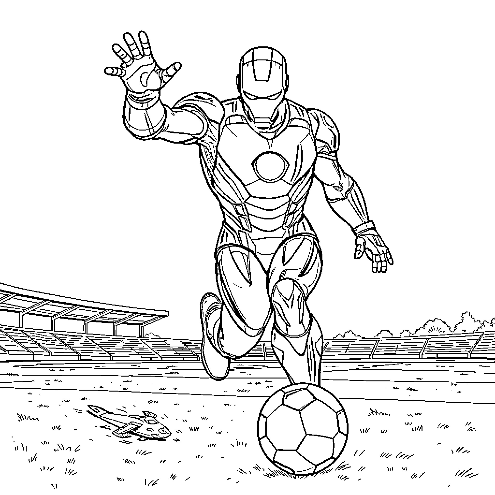 Iron Man Playing with Soccer Ball on Field Coloring Page (free black-and-white line drawing printable PDF for all, from beginners to advanced learners, including children, teens, adults, and seniors)