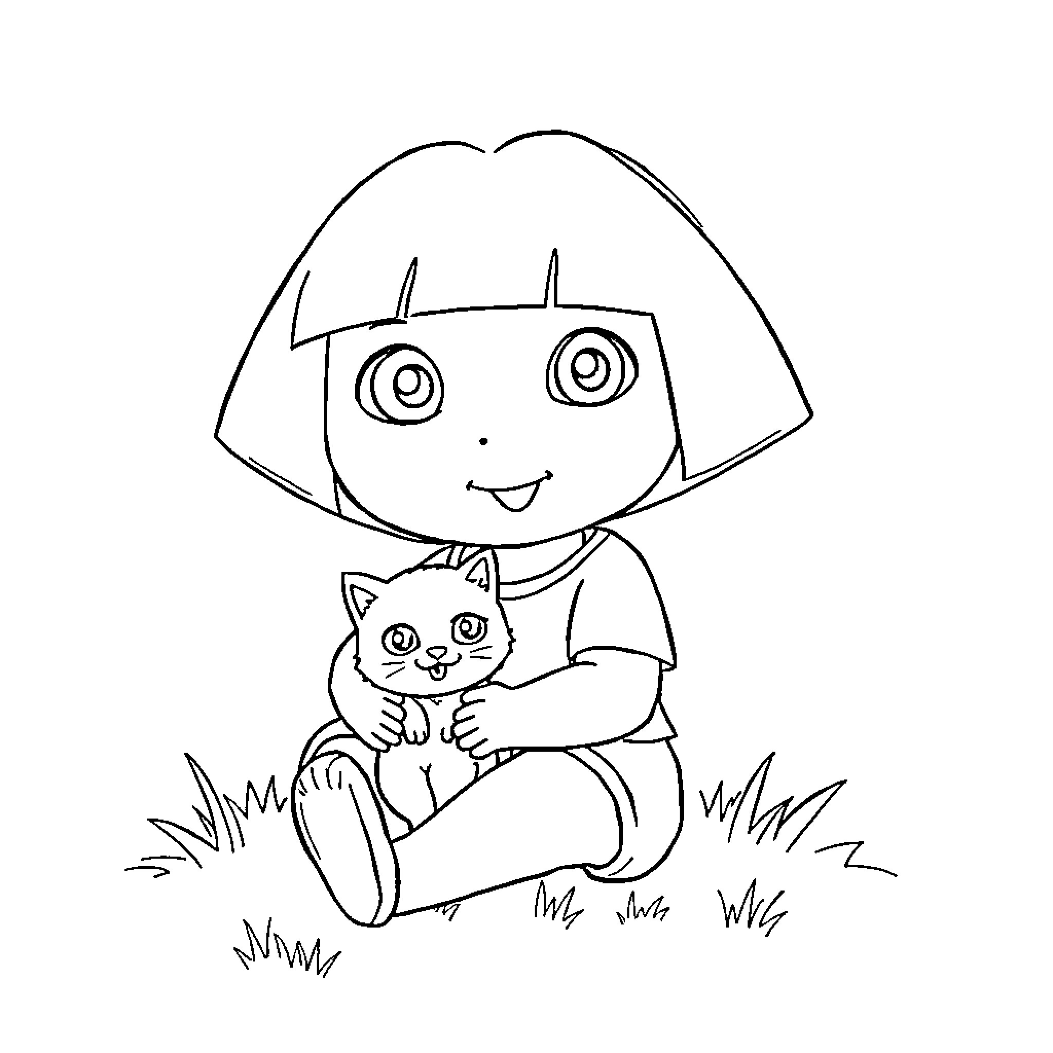 Dora sitting happily while hugging a small kitten Coloring Page (free black-and-white line drawing printable PDF for all, from beginners to advanced learners, including children, teens, adults, and seniors)