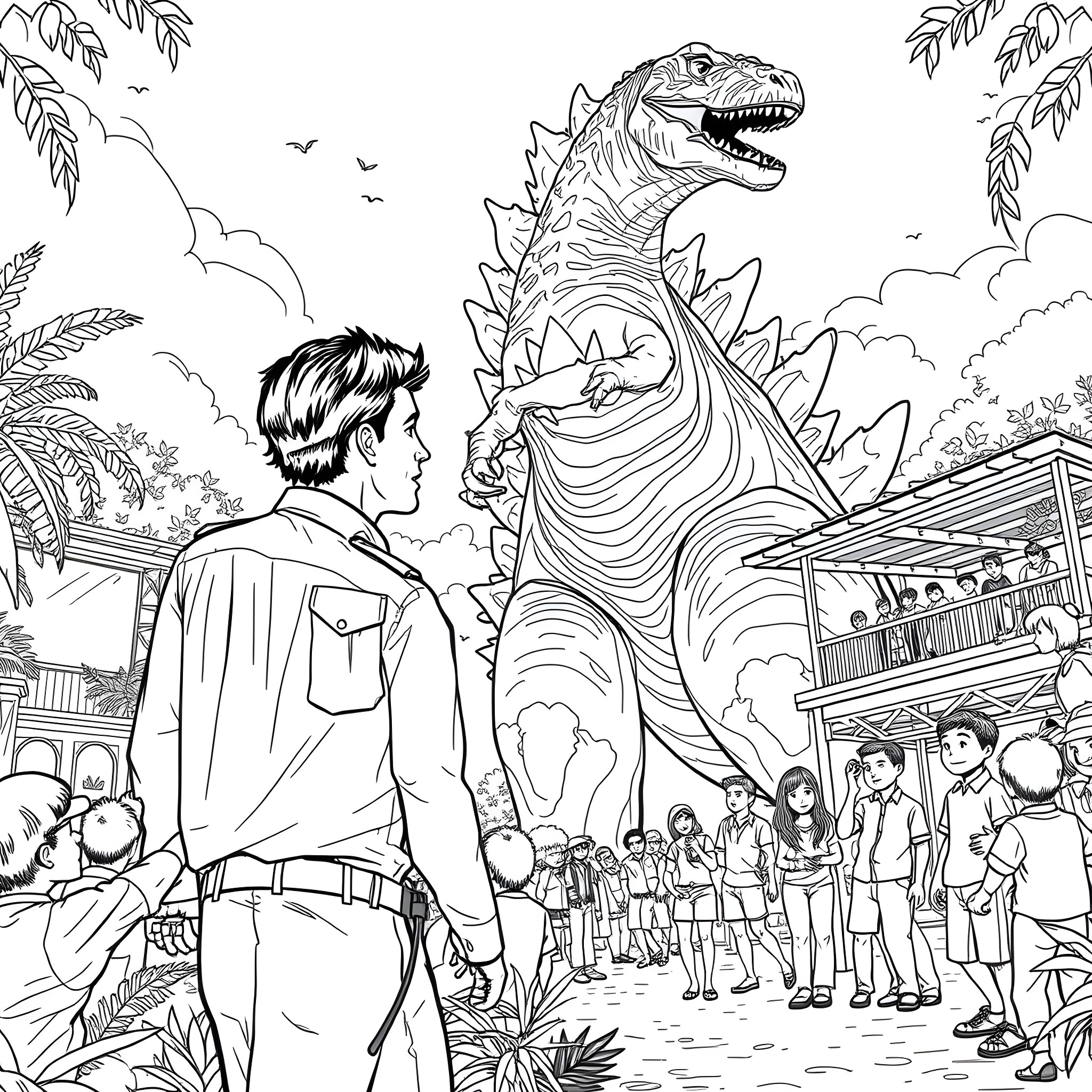 Steve Irwin exploring the wild with an exotic creature Coloring Page (free black-and-white line drawing printable PDF for all, from beginners to advanced learners, including children, teens, adults, and seniors)