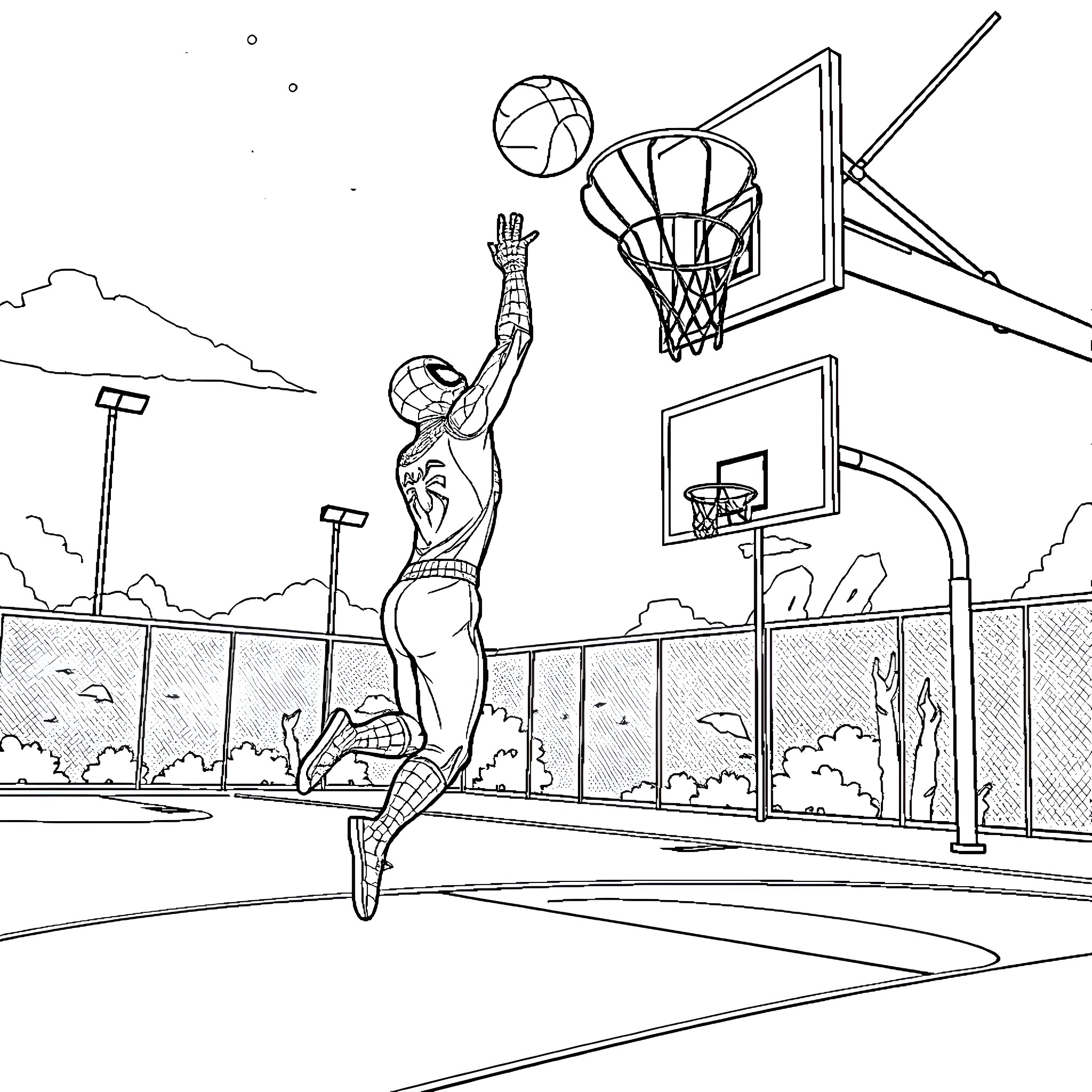 Spiderman dunking a basketball on an outdoor court Coloring Page (free black-and-white line drawing printable PDF for all, from beginners to advanced learners, including children, teens, adults, and seniors)