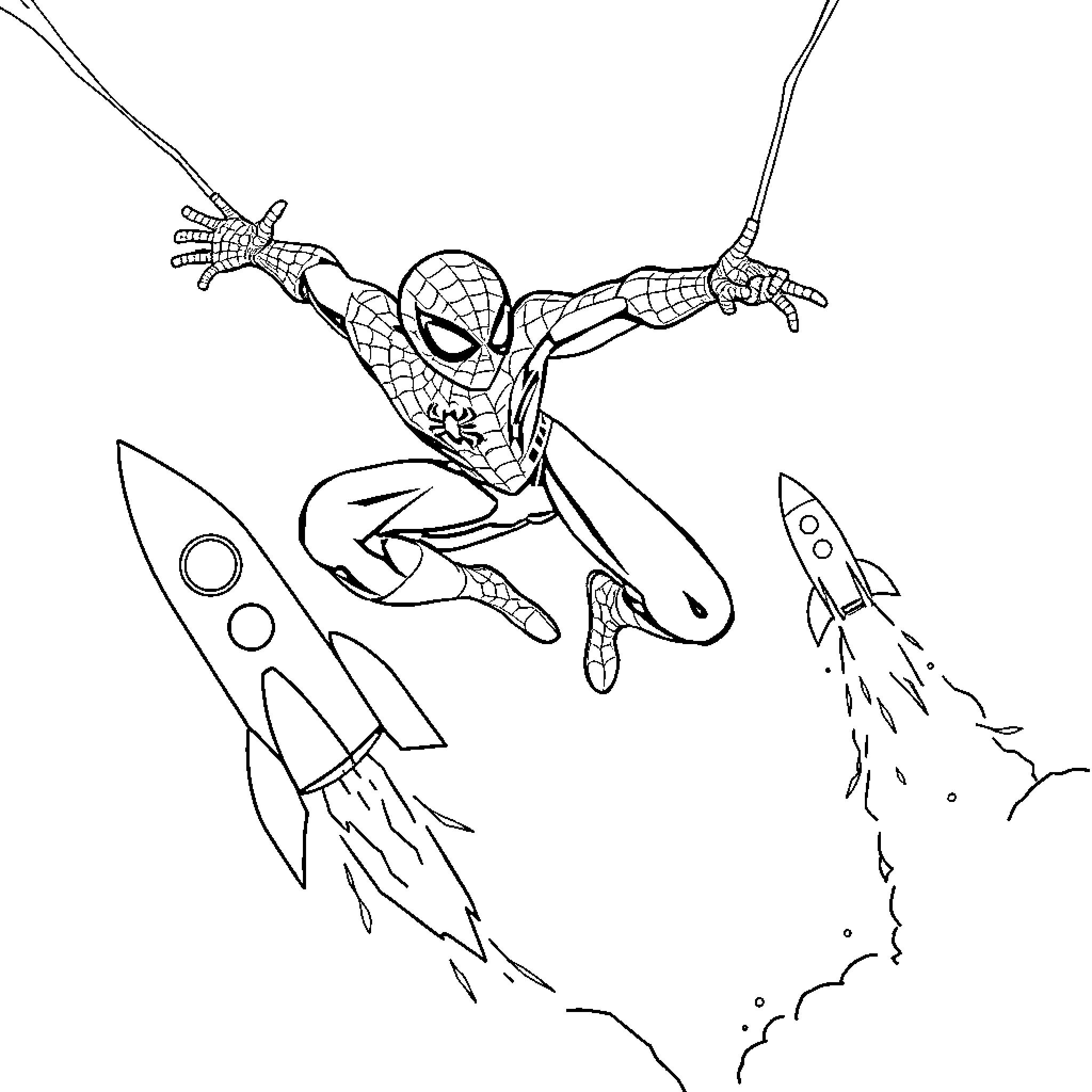 Spiderman swinging heroically with rocket launch Coloring Page (free black-and-white line drawing printable PDF for all, from beginners to advanced learners, including children, teens, adults, and seniors)