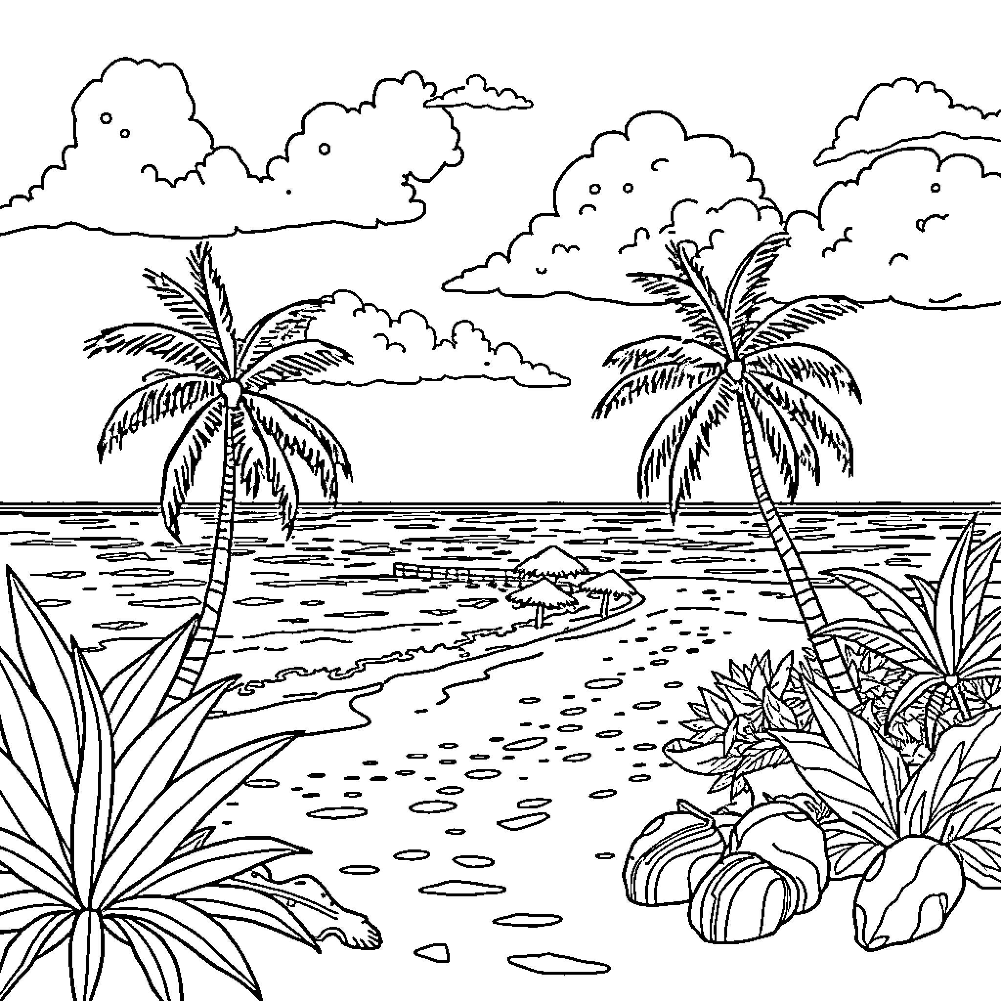 Beach scenic with palm trees and tropical foliage Coloring Page (free black-and-white line drawing printable PDF for all, from beginners to advanced learners, including children, teens, adults, and seniors)