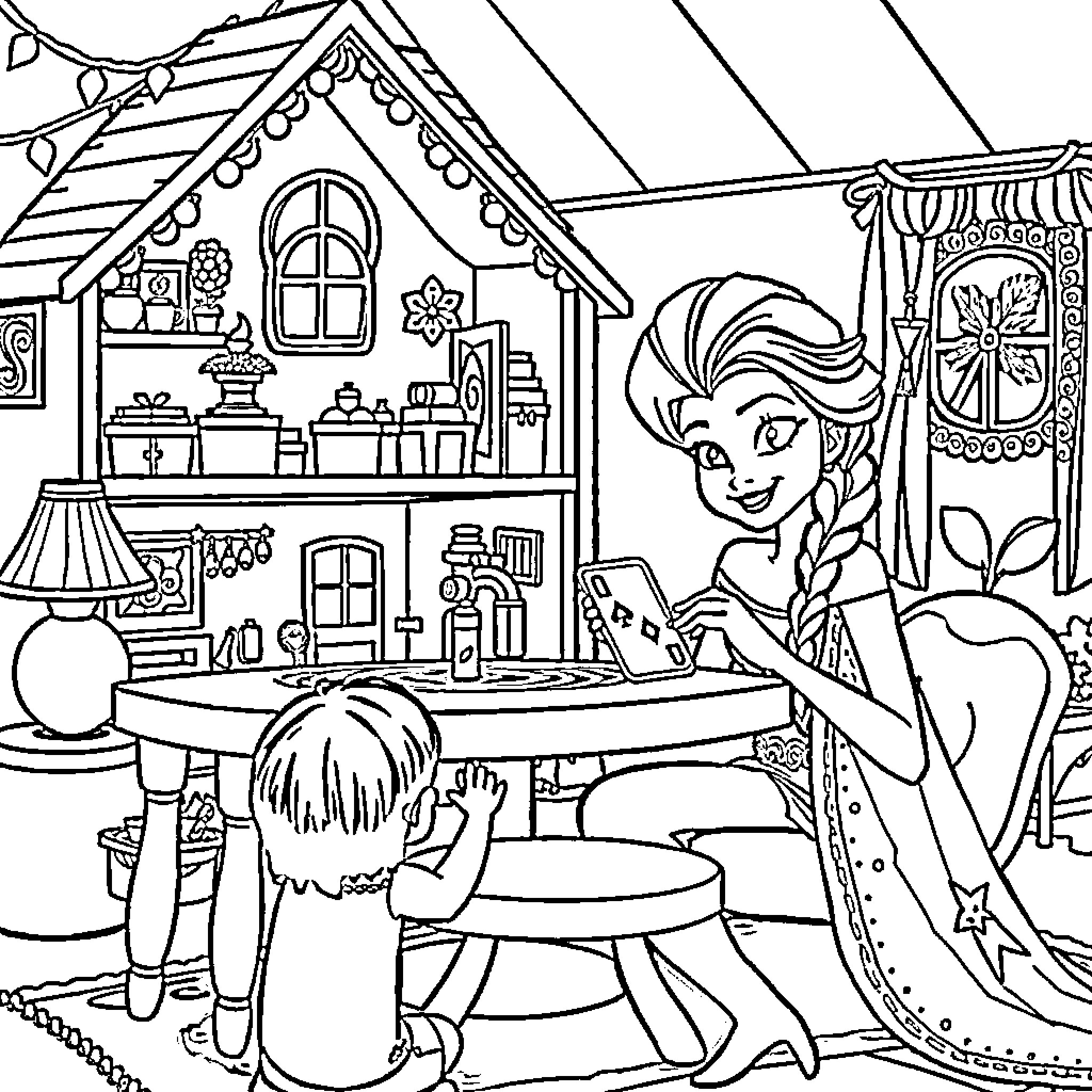 Gabby's Playtime in the Enchanted Dollhouse Coloring Page (free black-and-white line drawing printable PDF for all, from beginners to advanced learners, including children, teens, adults, and seniors)