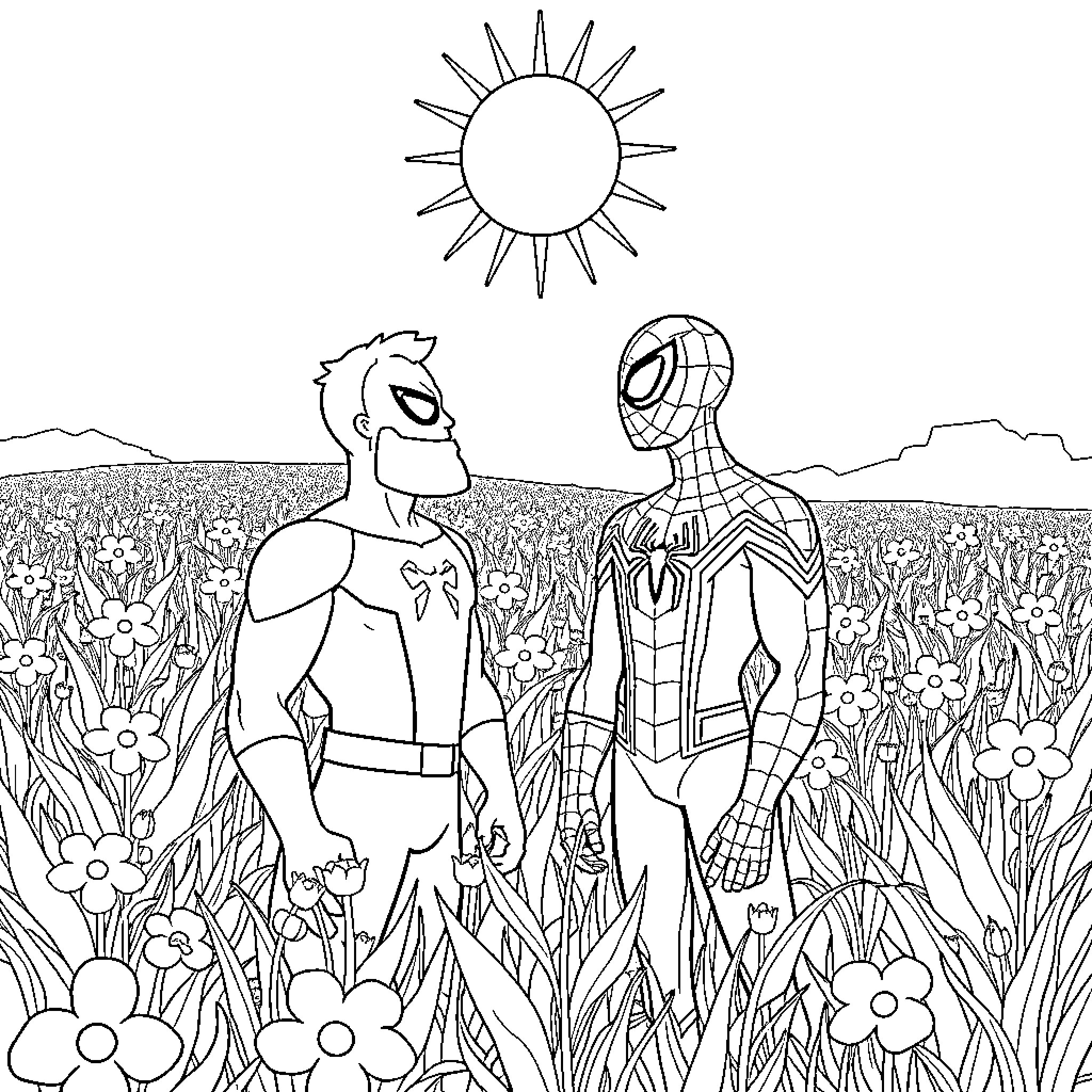 Barman and Superhero in Floral Meadow Coloring Page (free black-and-white line drawing printable PDF for all, from beginners to advanced learners, including children, teens, adults, and seniors)