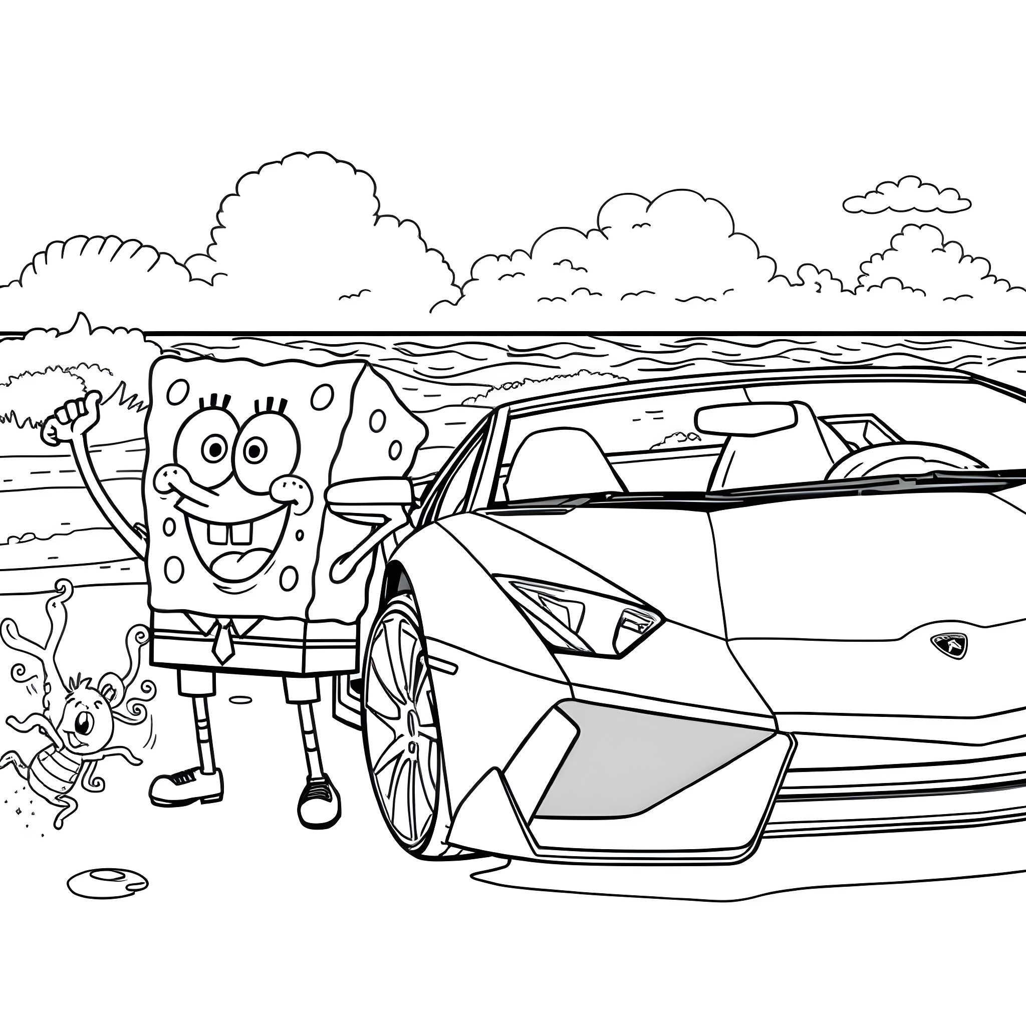 Spongebob enjoys a sporty car ride with his friend Coloring Page (free black-and-white line drawing printable PDF for all, from beginners to advanced learners, including children, teens, adults, and seniors)