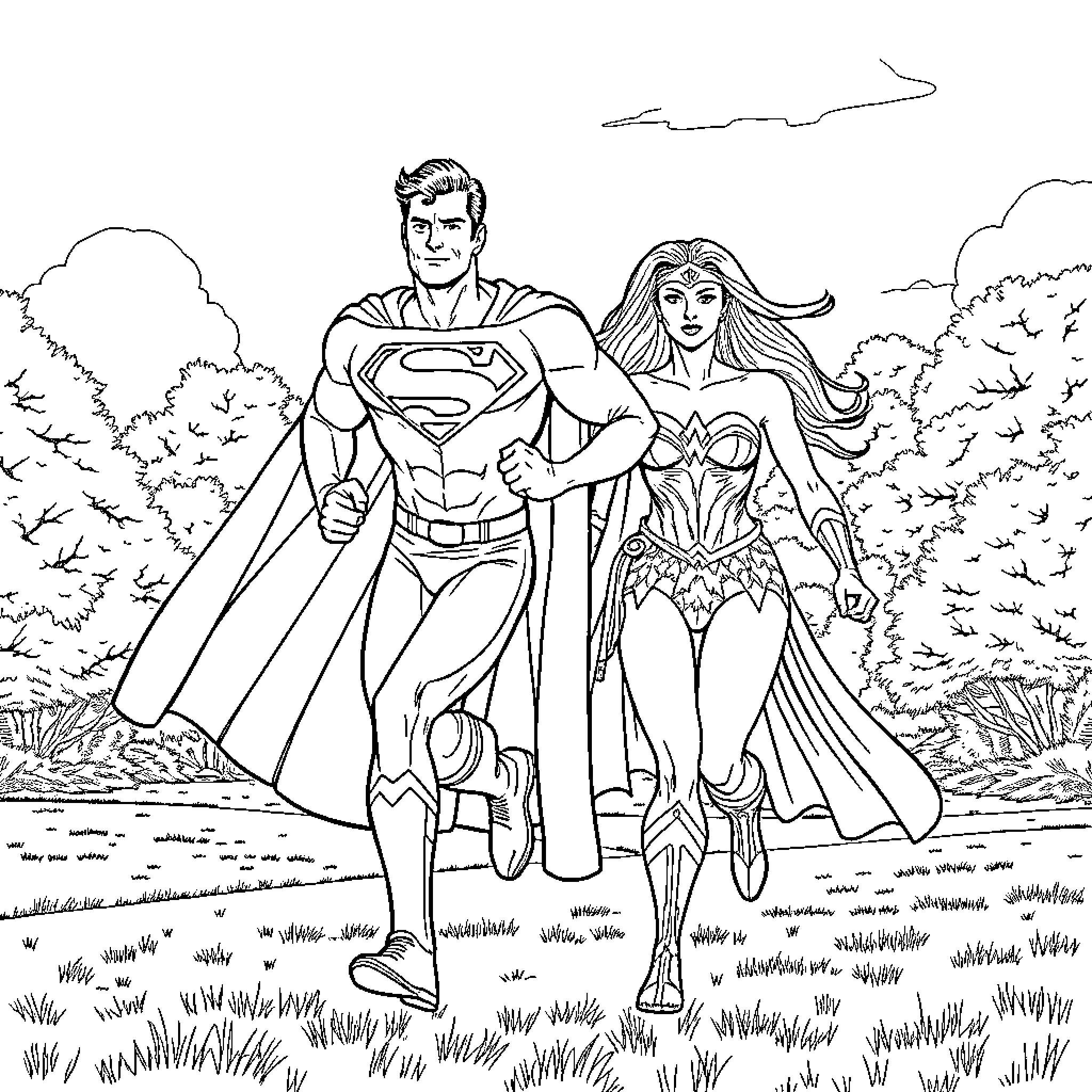 Superman and Wonder Woman in heroic pose Coloring Page (free black-and-white line drawing printable PDF for all, from beginners to advanced learners, including children, teens, adults, and seniors)