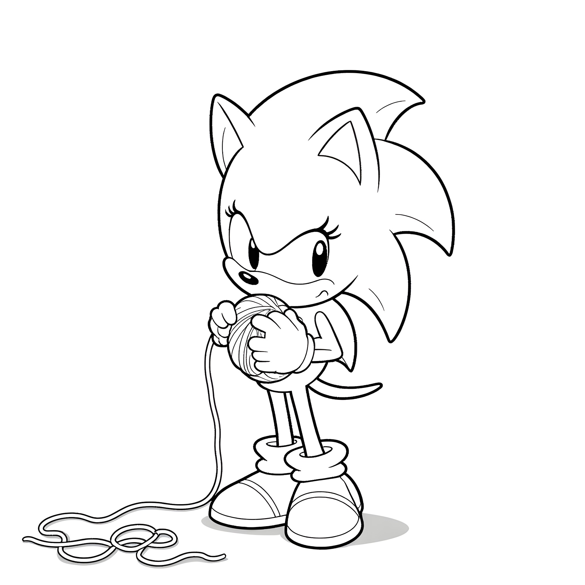 Sonic enthusiastically grabbing a cable Coloring Page (free black-and-white line drawing printable PDF for all, from beginners to advanced learners, including children, teens, adults, and seniors)