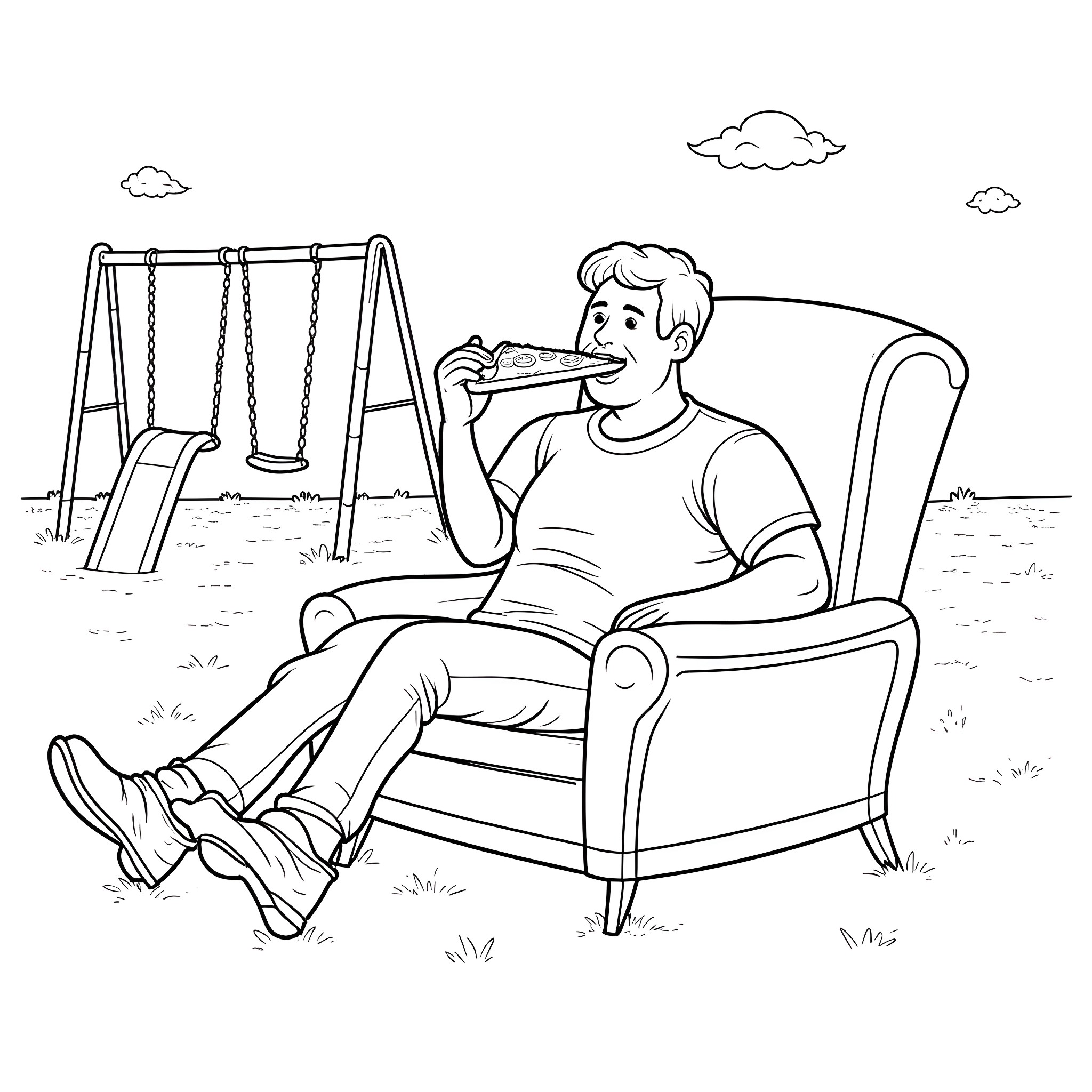 Man relaxing on chair in park with swings Coloring Page (free black-and-white line drawing printable PDF for all, from beginners to advanced learners, including children, teens, adults, and seniors)
