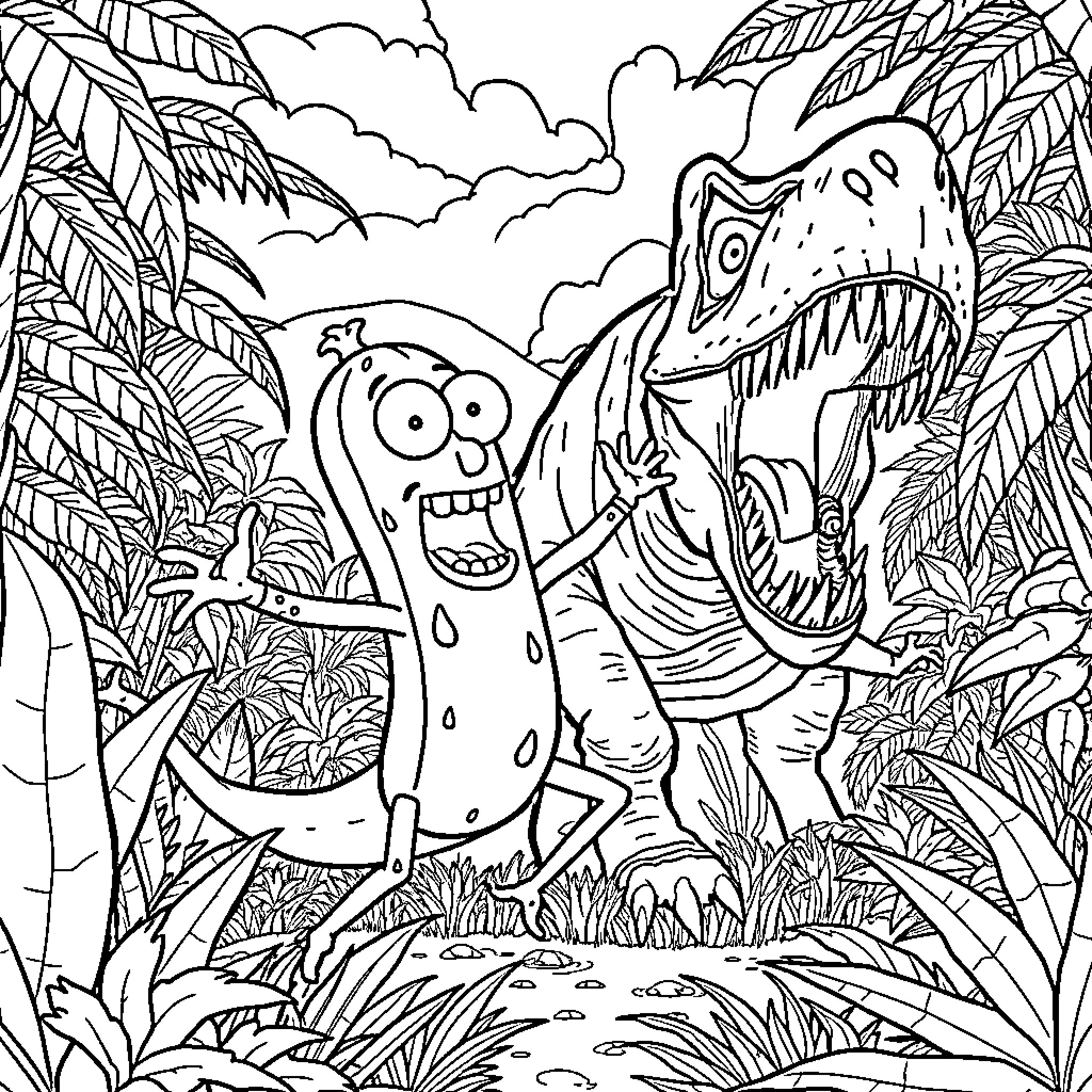 Pickle Rick's Jungle Adventure Coloring Page (free black-and-white line drawing printable PDF for all, from beginners to advanced learners, including children, teens, adults, and seniors)
