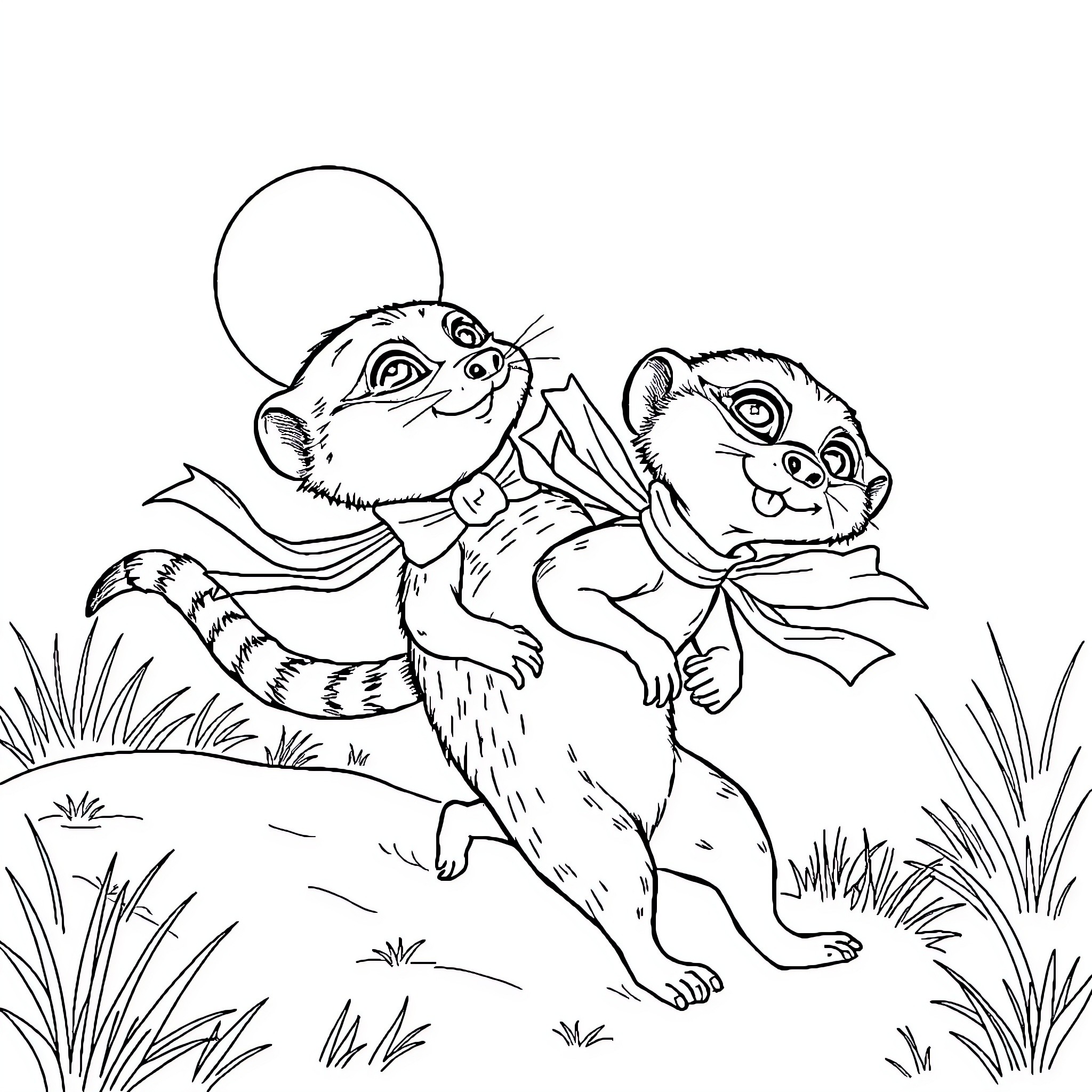 Meerkat duo exploring the grasslands Coloring Page (free black-and-white line drawing printable PDF for all, from beginners to advanced learners, including children, teens, adults, and seniors)