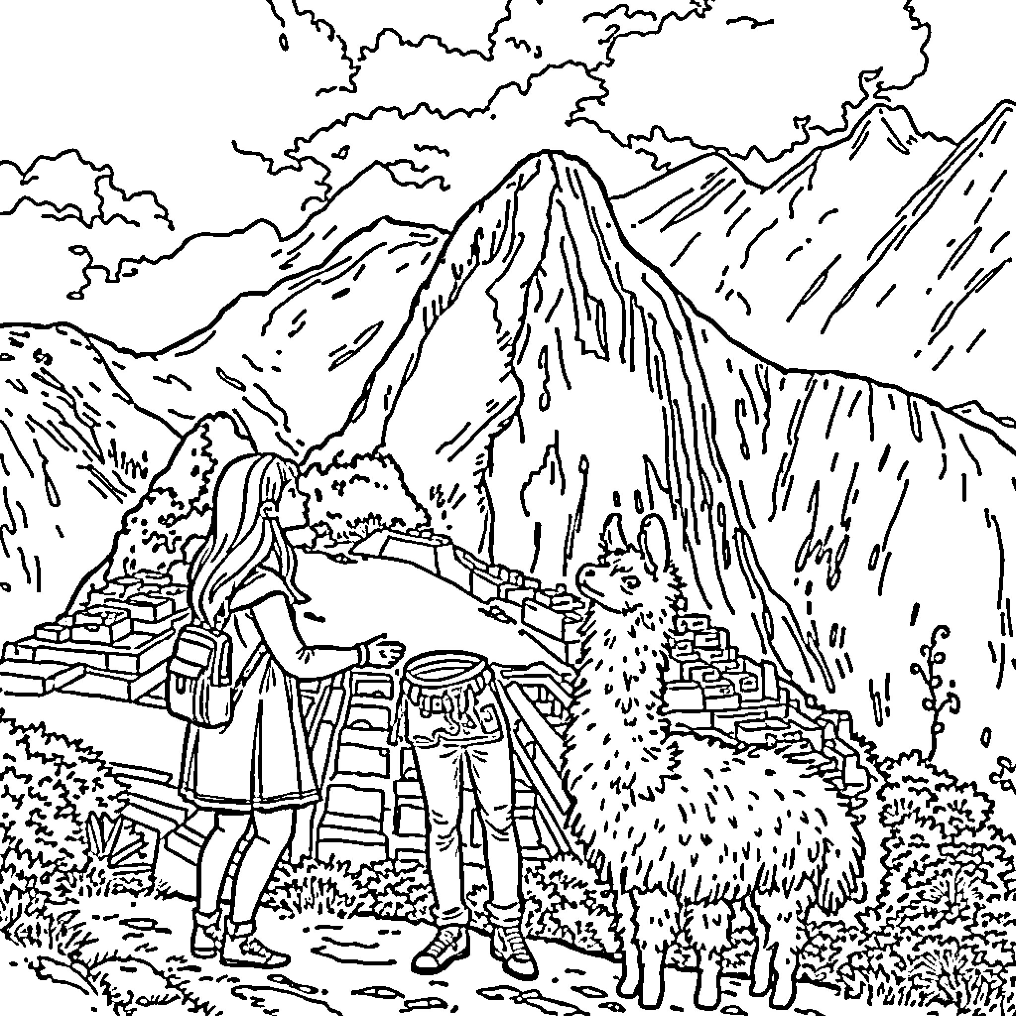 Alpaca walking with person in mountainous landscape Coloring Page (free black-and-white line drawing printable PDF for all, from beginners to advanced learners, including children, teens, adults, and seniors)