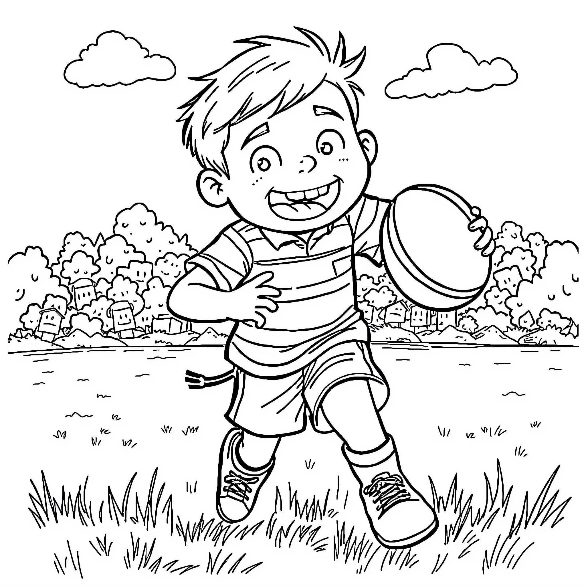 Diary of a Wimpy Kid playing happily in the park Coloring Page (free black-and-white line drawing printable PDF for all, from beginners to advanced learners, including children, teens, adults, and seniors)