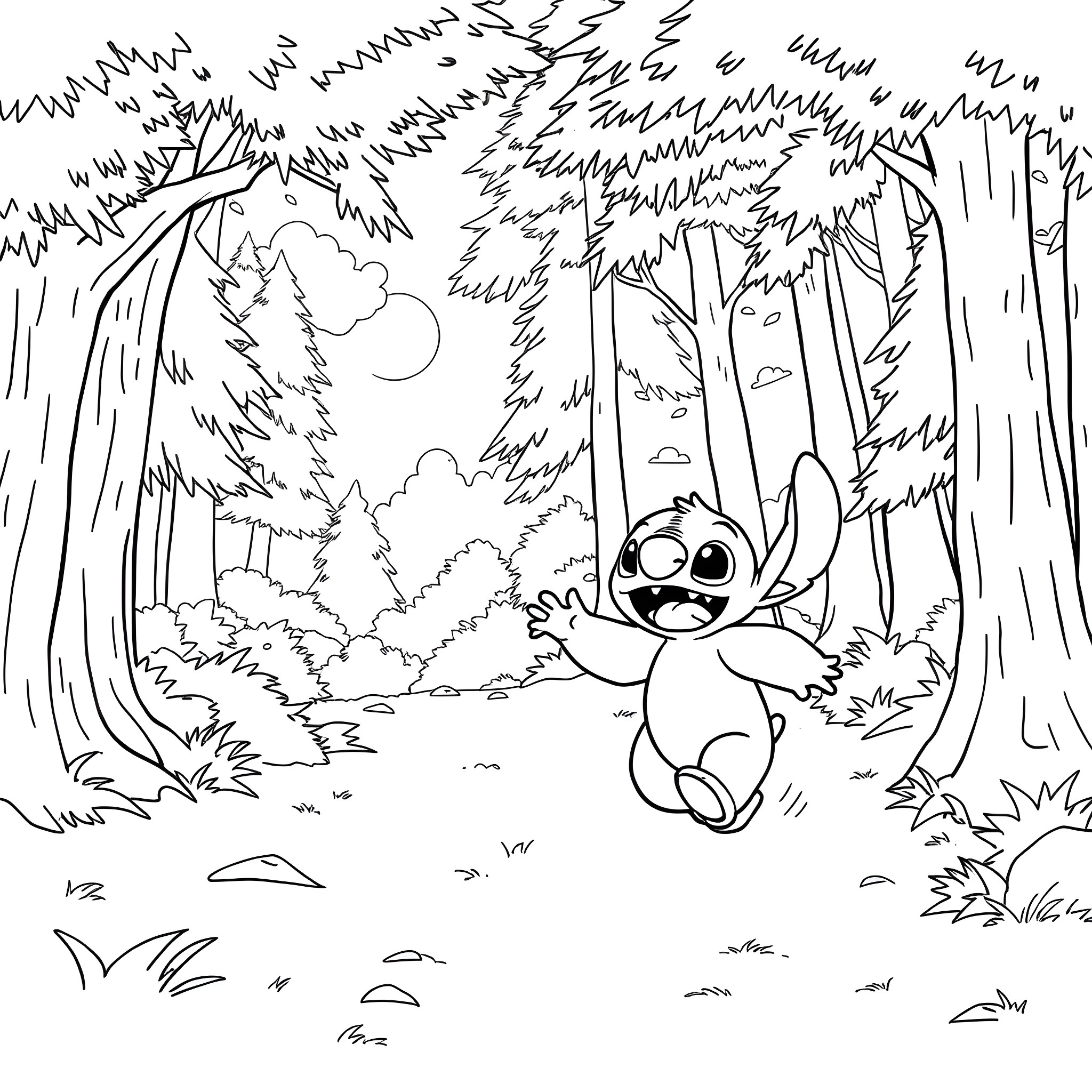 Bear exploring the whimsical forest Coloring Page (free black-and-white line drawing printable PDF for all, from beginners to advanced learners, including children, teens, adults, and seniors)