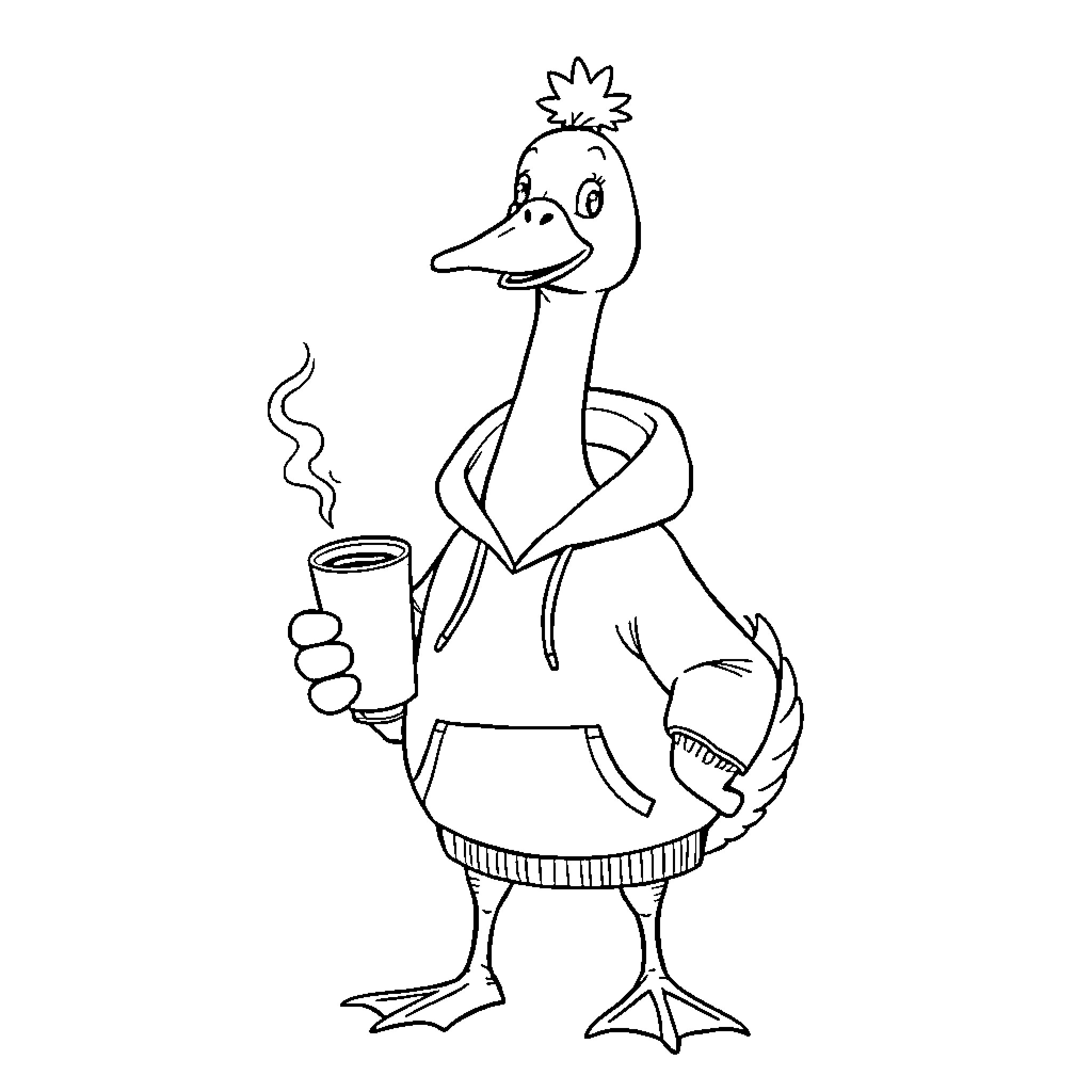 Goose enjoying a warm beverage Coloring Page (free black-and-white line drawing printable PDF for all, from beginners to advanced learners, including children, teens, adults, and seniors)
