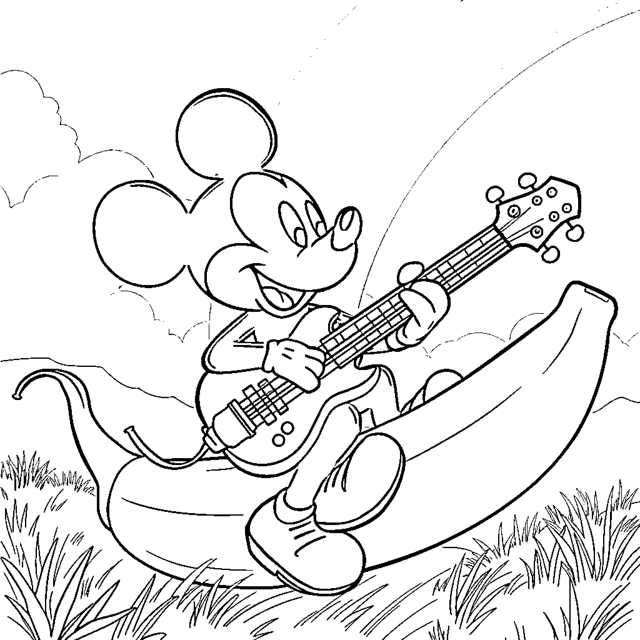 Mickey Mouse playing guitar in the countryside Coloring Page (free black-and-white line drawing printable PDF for all, from beginners to advanced learners, including children, teens, adults, and seniors)