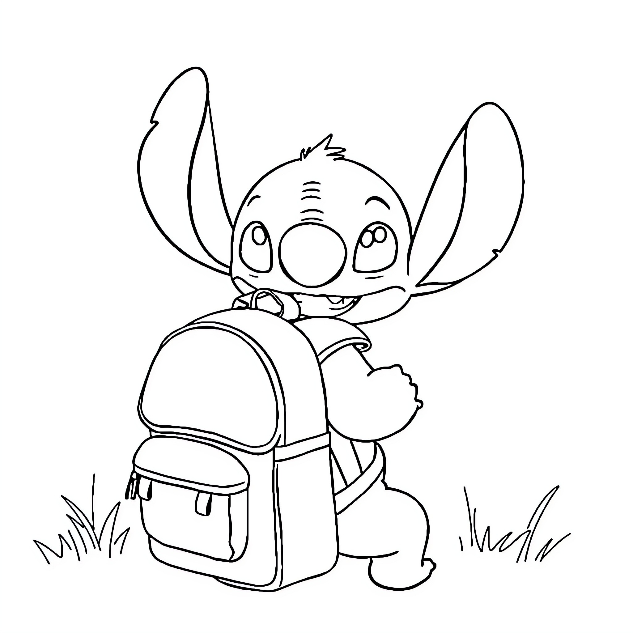 Stitch heading to school with backpack Coloring Page (free black-and-white line drawing printable PDF for all, from beginners to advanced learners, including children, teens, adults, and seniors)