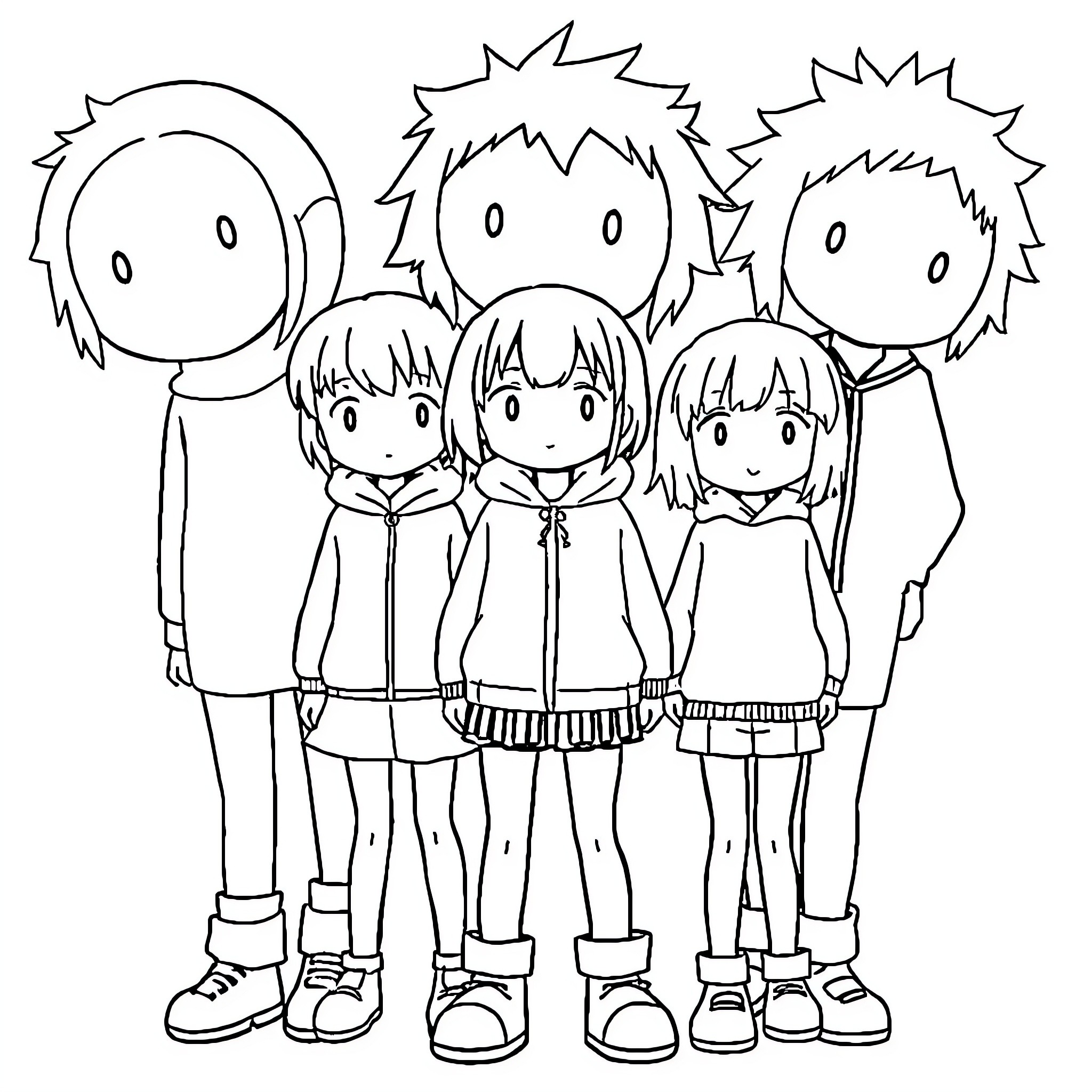 Anime Body Group Portrait Coloring Page (free black-and-white line drawing printable PDF for all, from beginners to advanced learners, including children, teens, adults, and seniors)