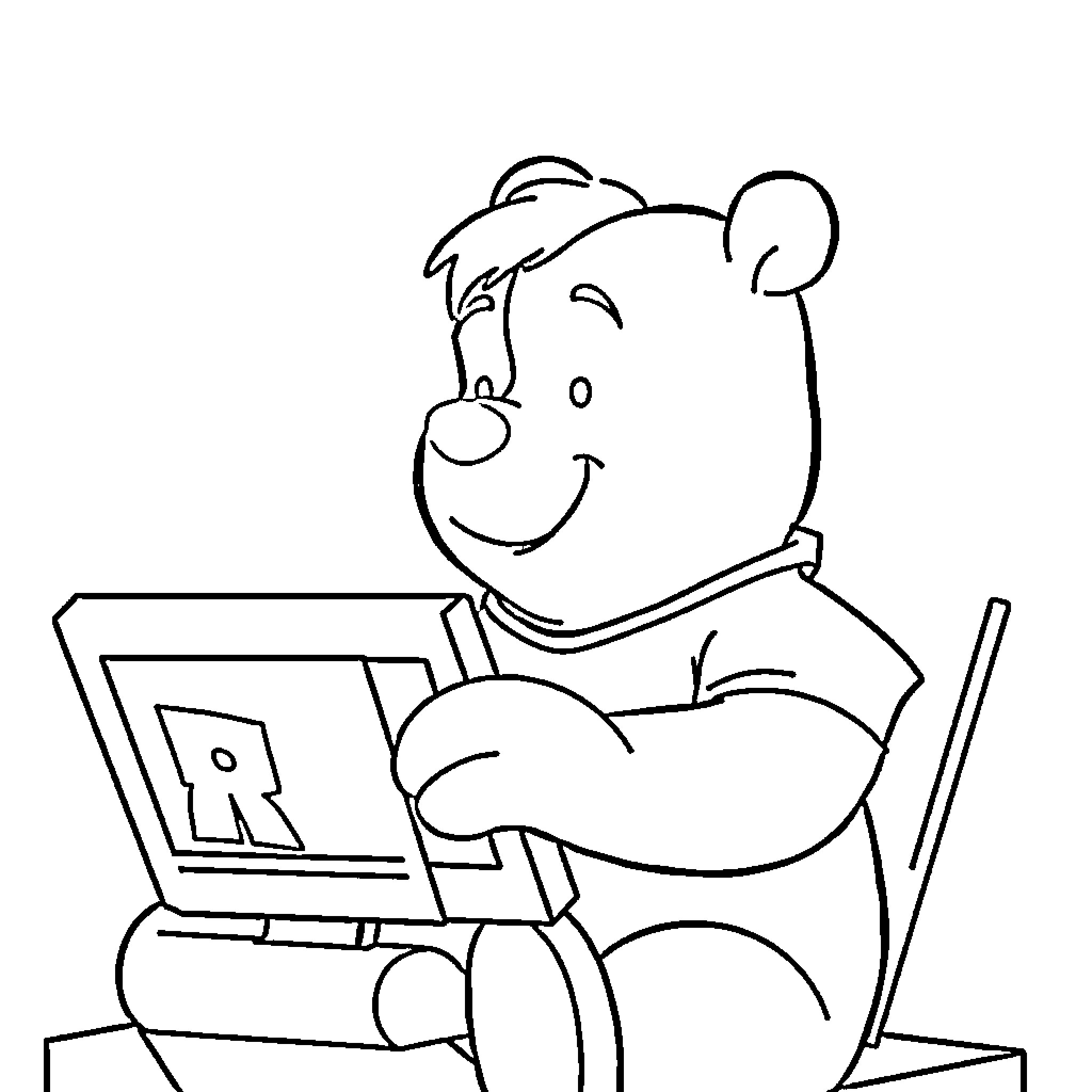 Pooh Bear using a laptop computer Coloring Page (free black-and-white line drawing printable PDF for all, from beginners to advanced learners, including children, teens, adults, and seniors)