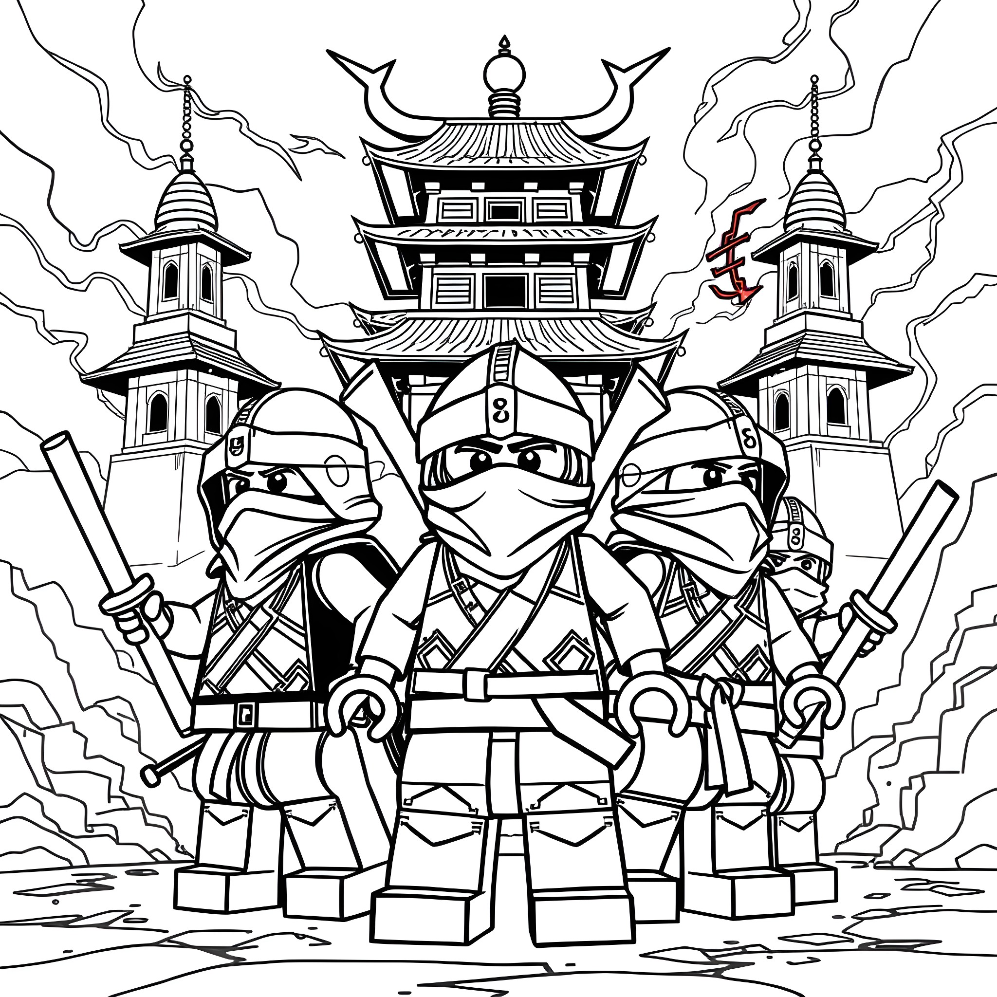 Ninja warriors in front of a mystical pagoda Coloring Page (free black-and-white line drawing printable PDF for all, from beginners to advanced learners, including children, teens, adults, and seniors)