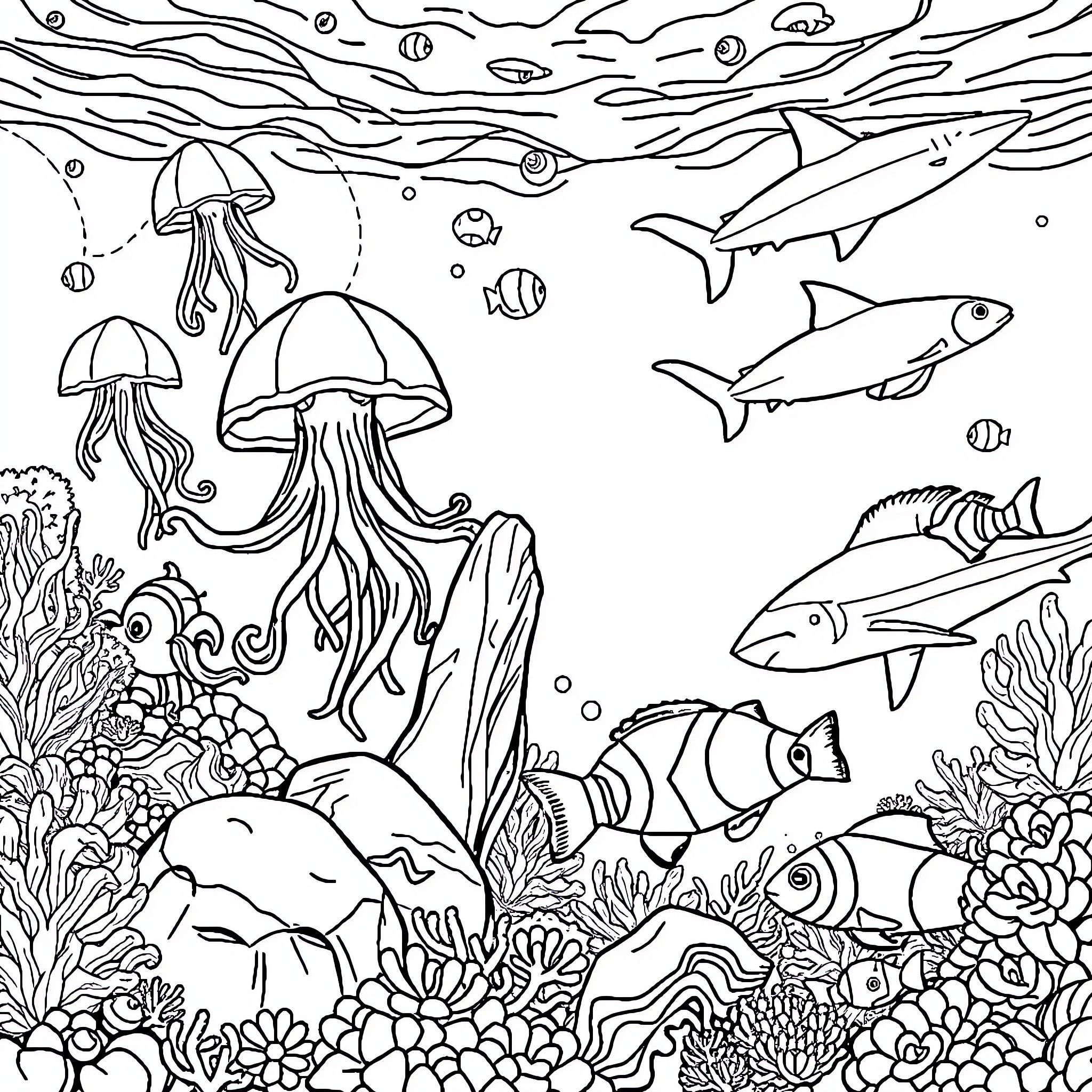 Underwater Wonderland with Marine Life Coloring Page (free black-and-white line drawing printable PDF for all, from beginners to advanced learners, including children, teens, adults, and seniors)