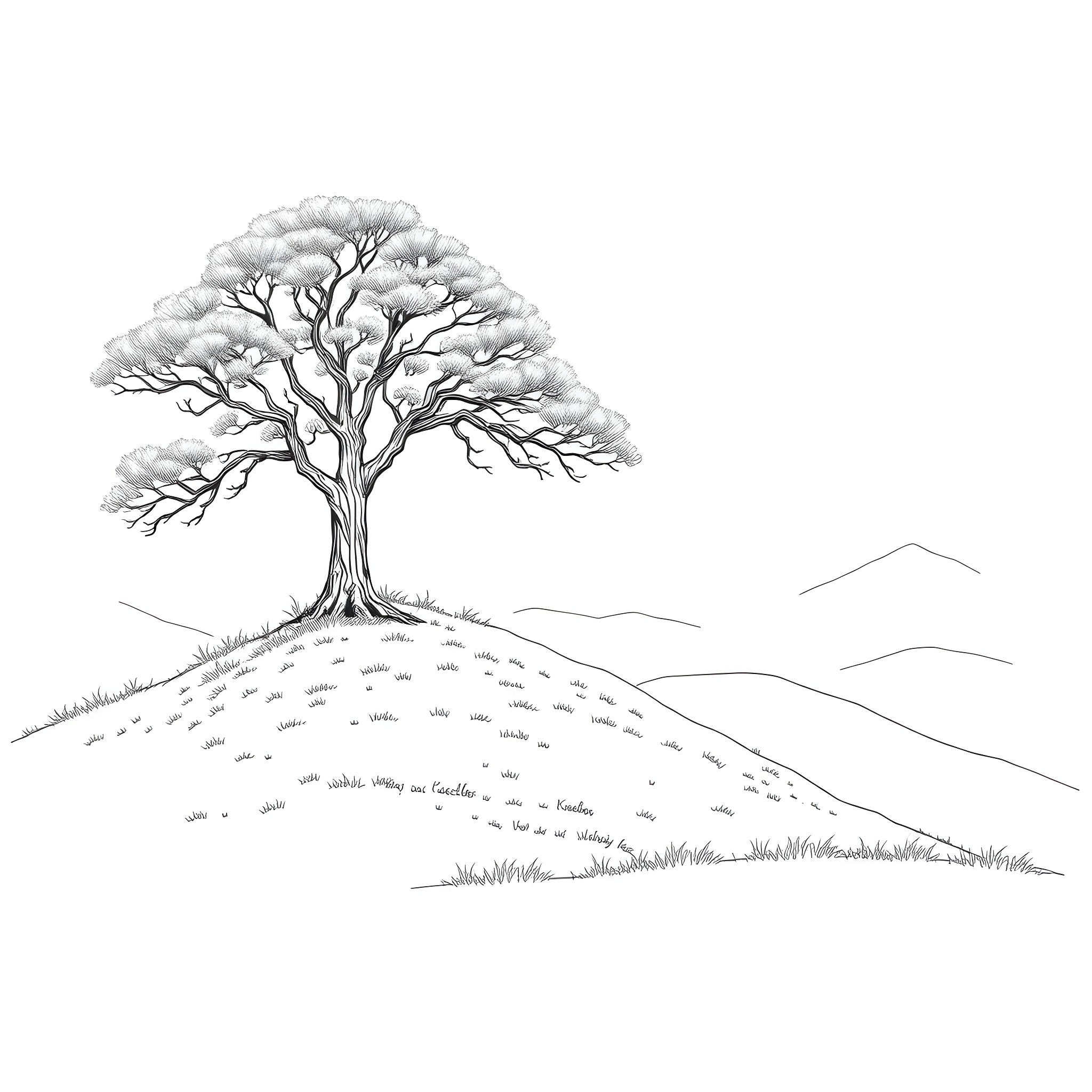 Tree standing tall on a grassy hill Coloring Page (free black-and-white line drawing printable PDF for all, from beginners to advanced learners, including children, teens, adults, and seniors)