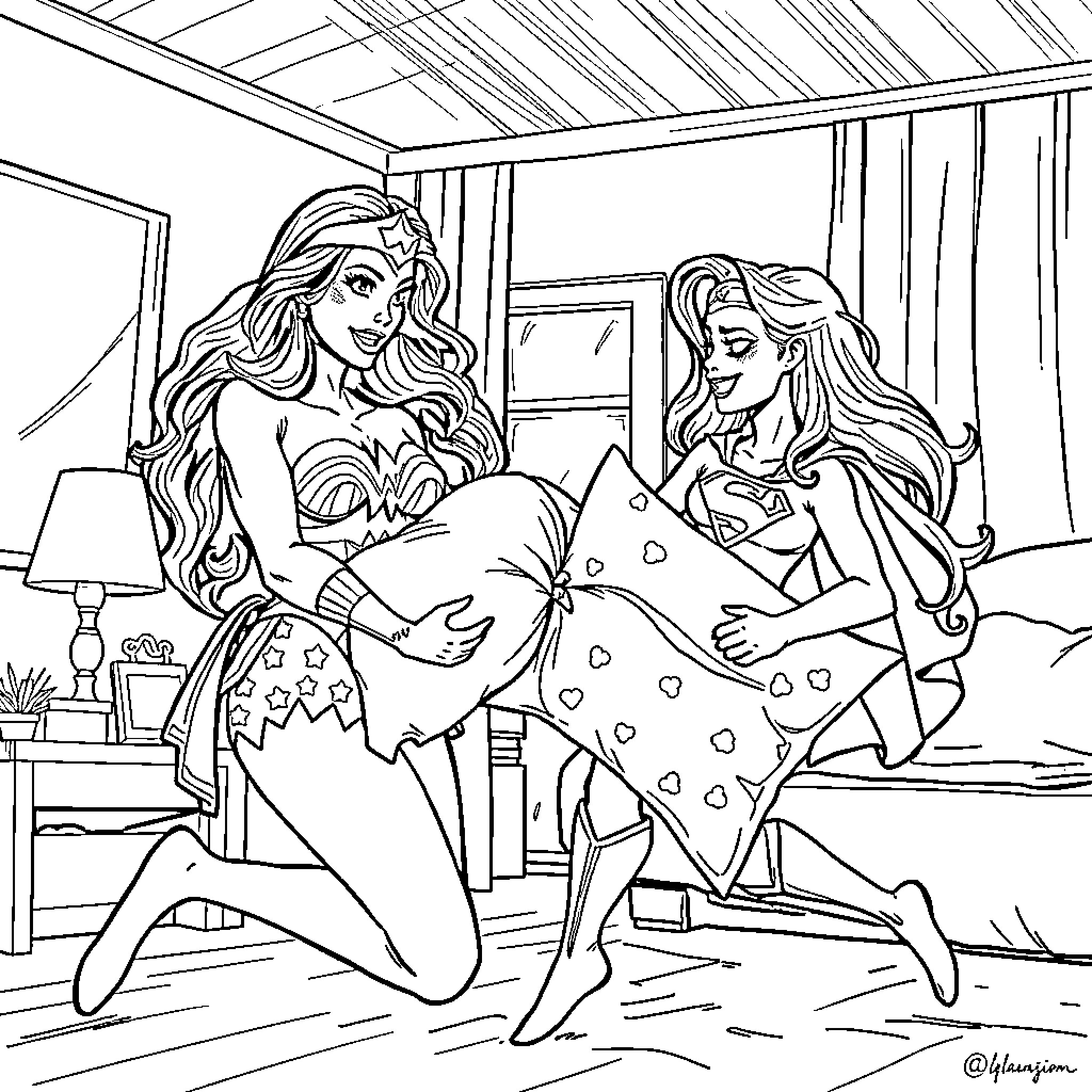 Woman enjoying relaxing time with friend in bedroom Coloring Page (free black-and-white line drawing printable PDF for all, from beginners to advanced learners, including children, teens, adults, and seniors)